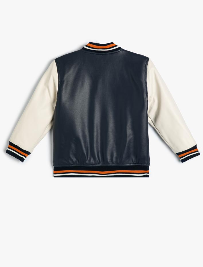 Erkek Çocuk Bomber Kolej Ceket Deri Görünümlü Aplike Detaylı Cepli