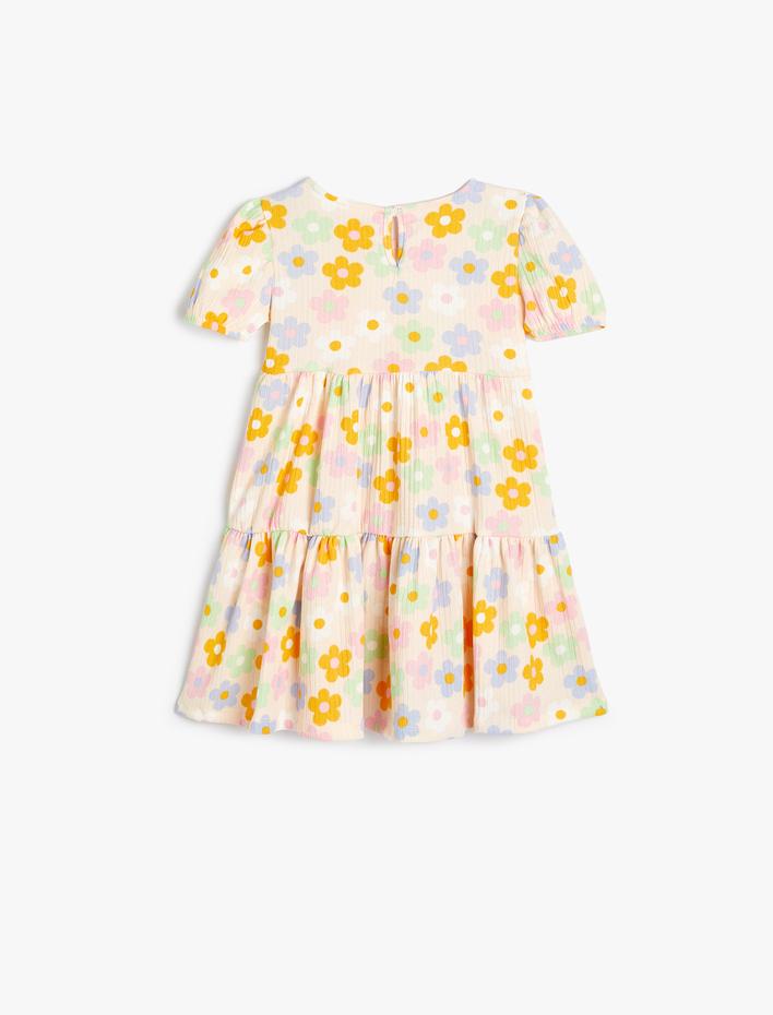 Kız Bebek Çiçekli Elbise Kısa Kollu Yuvarlak Yaka Dokulu Katlı