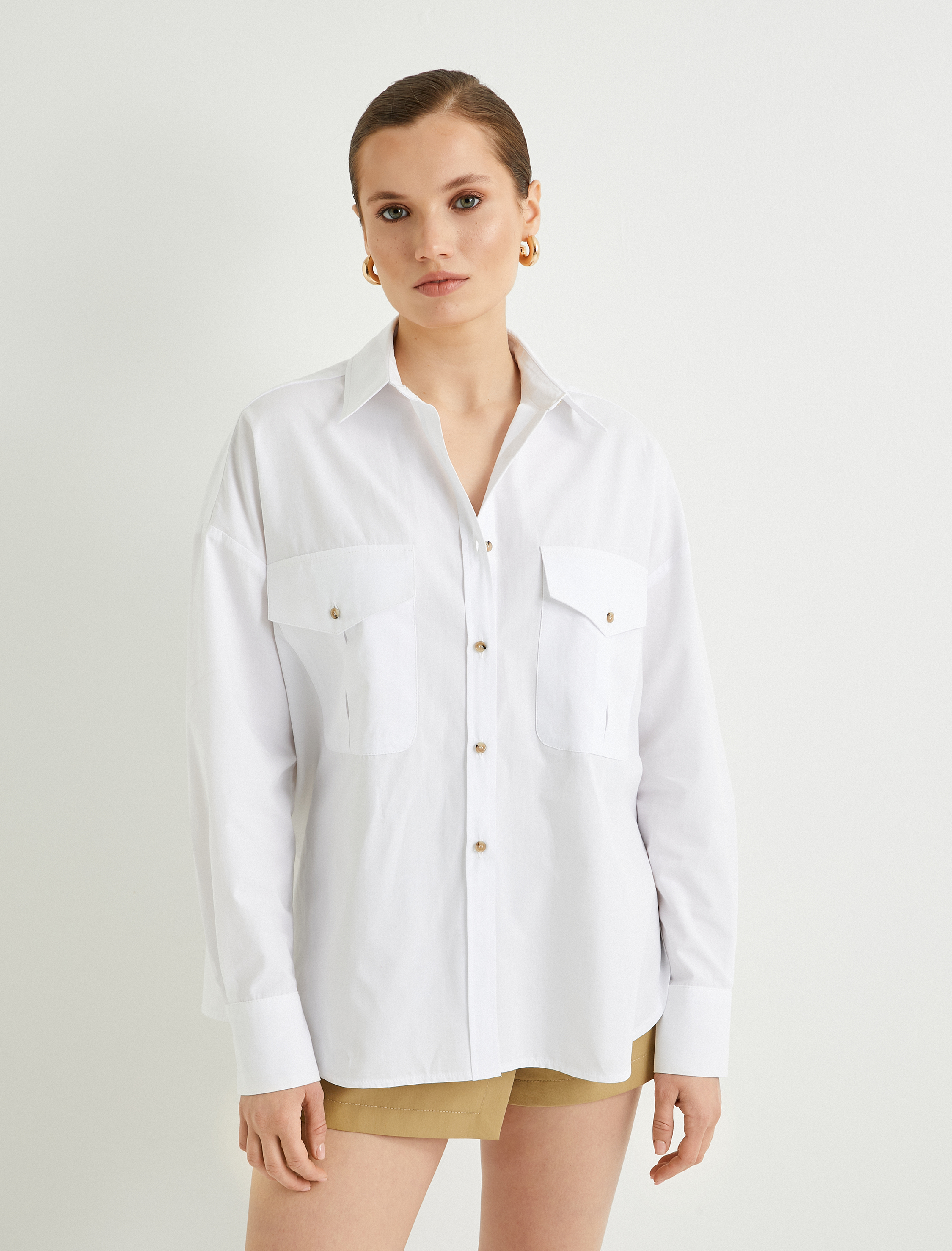   Uzun Kollu Gömlek Düğmeli Cep Detaylı Pamuklu