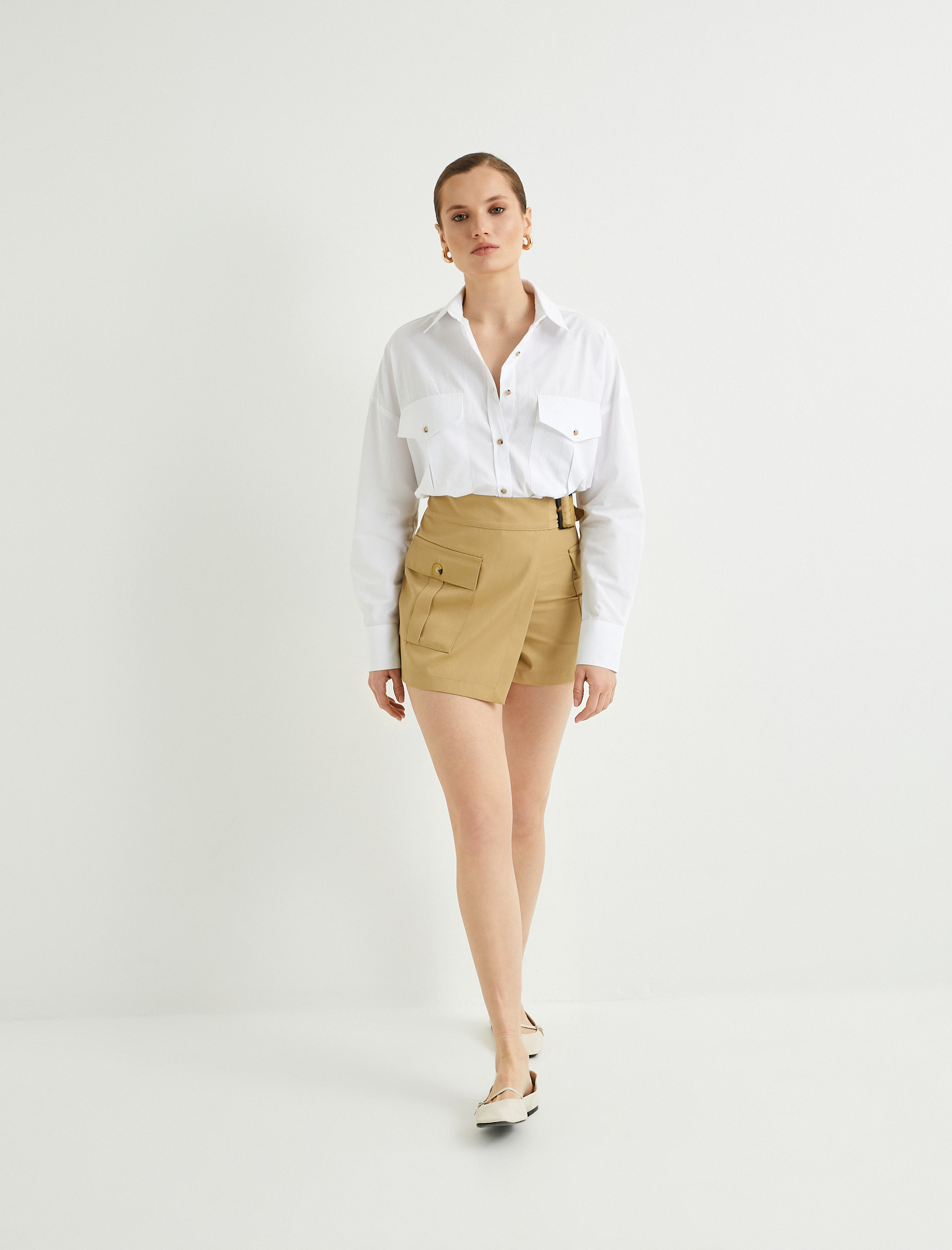   Uzun Kollu Gömlek Düğmeli Cep Detaylı Pamuklu