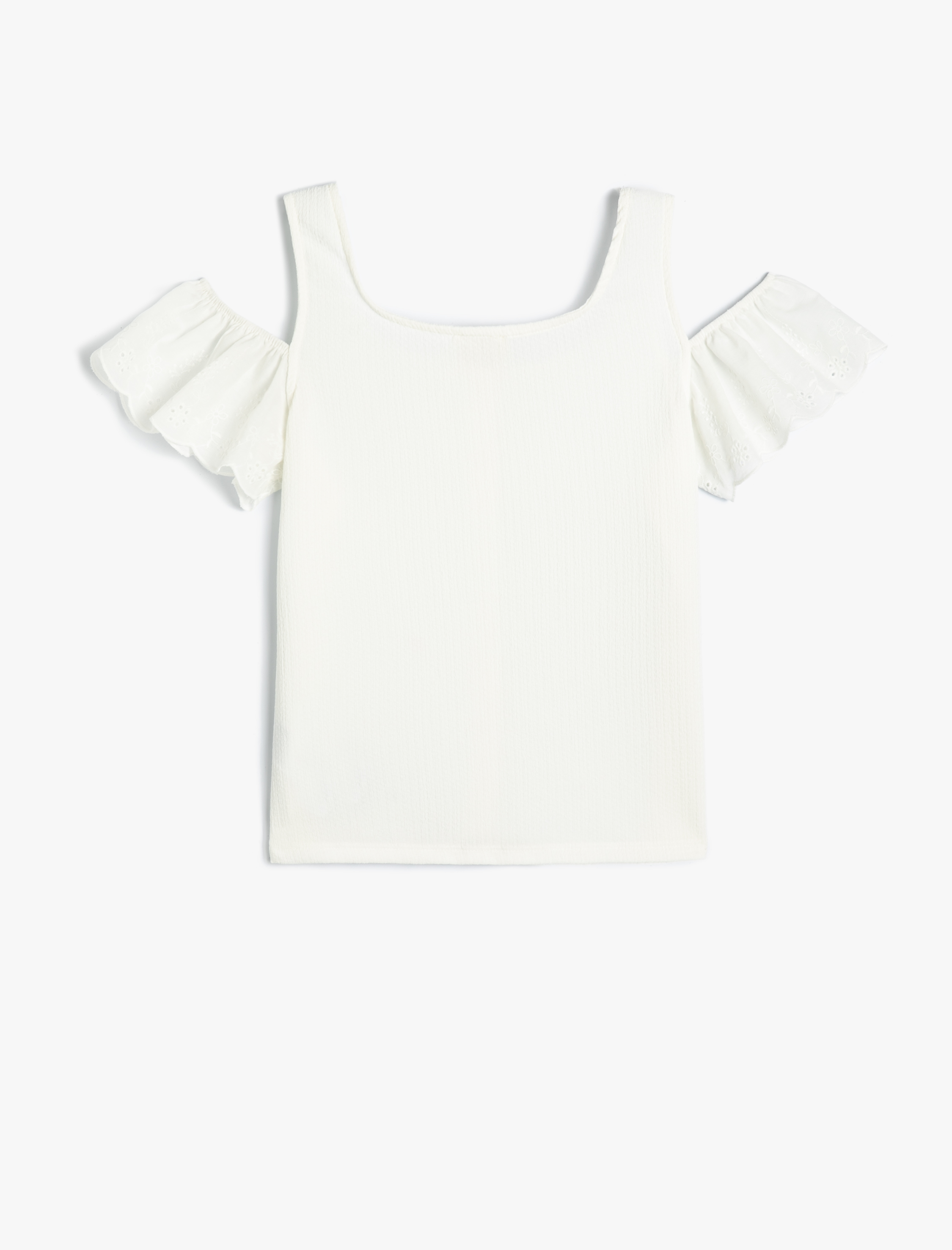  Kız Çocuk Tişört Fırfırlı Pencere Detaylı Düğmeli Yuvarlak Yaka Dokulu