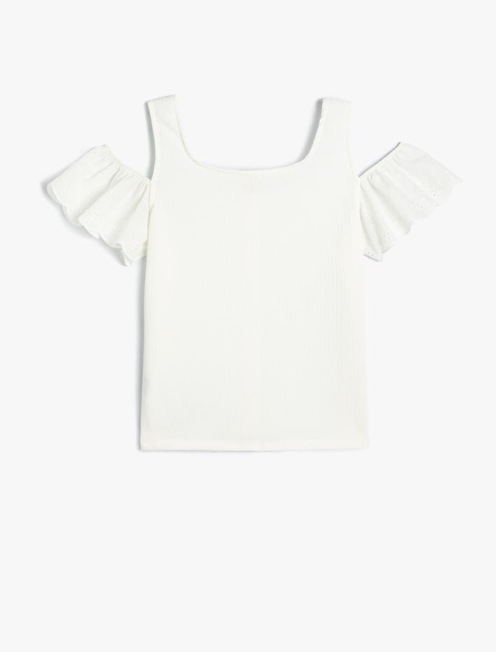 Kız Çocuk Tişört Fırfırlı Pencere Detaylı Düğmeli Yuvarlak Yaka Dokulu