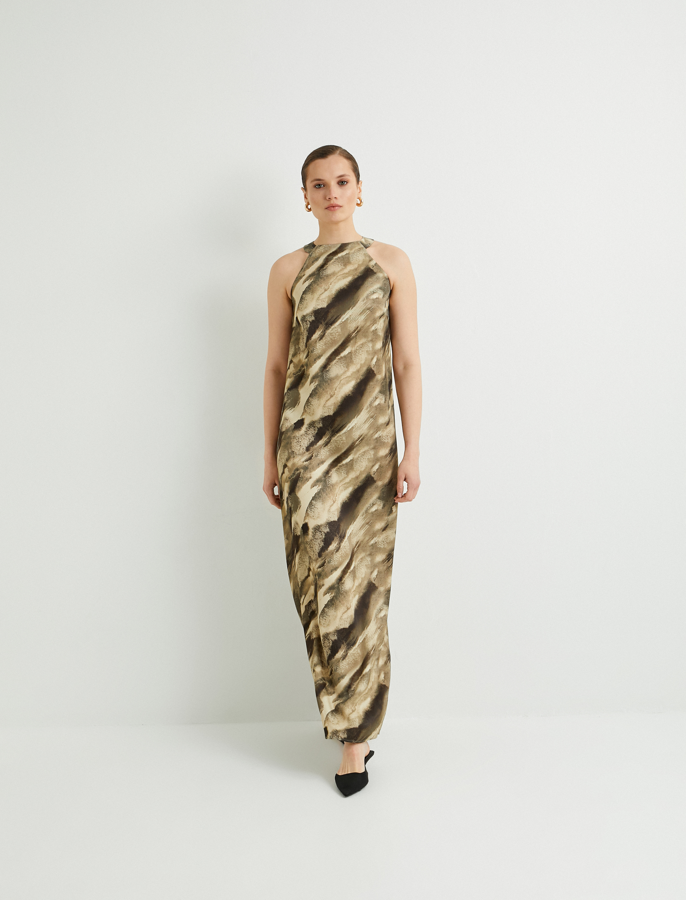   Uzun Elbise Halter Yaka Desenli Slim Fit