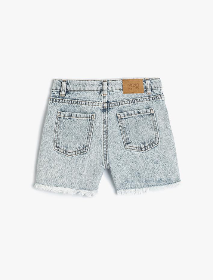 Kız Çocuk Kot Şort Yıpratılmış Detaylı Cepli Pamuklu