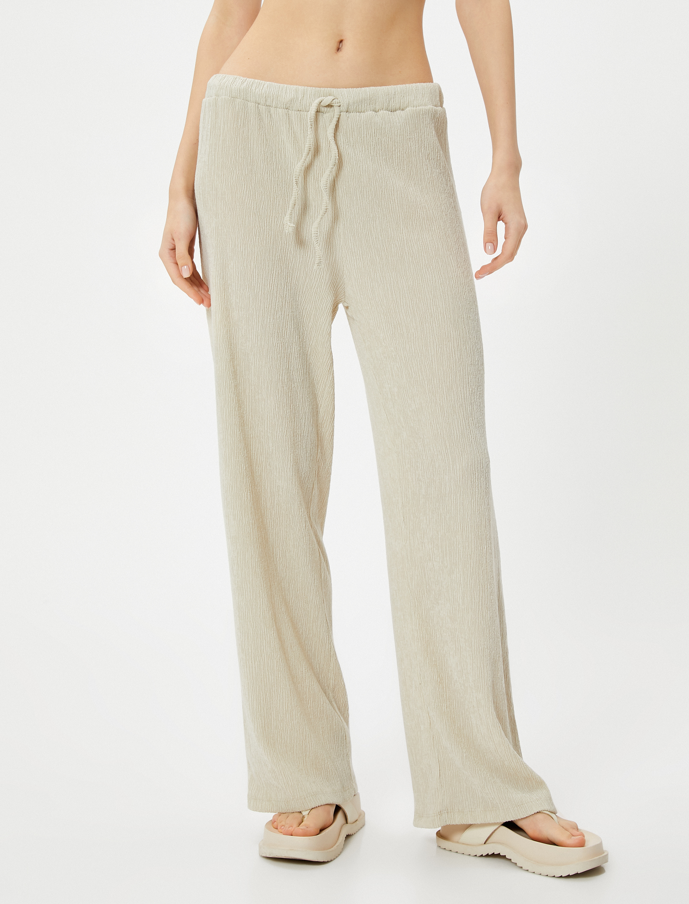   Bol Paça Pantolon Dokulu Rahat Kalıp Beli Bağlamalı Viskoz Kumaş Karışımlı Bürümcük