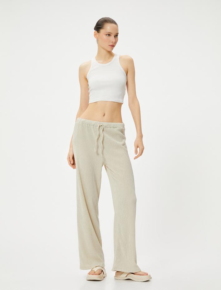  Bol Paça Pantolon Dokulu Rahat Kalıp Beli Bağlamalı Viskoz Kumaş Karışımlı Bürümcük