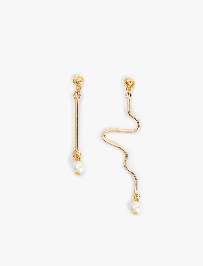 Kadın Asimetrik Küpe İnci Sallantılı Çelik Karışımlı