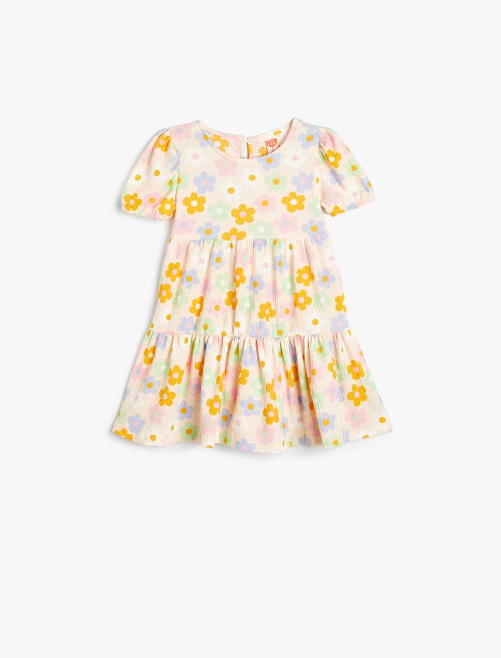 Kız Bebek Çiçekli Elbise Kısa Kollu Yuvarlak Yaka Dokulu Katlı