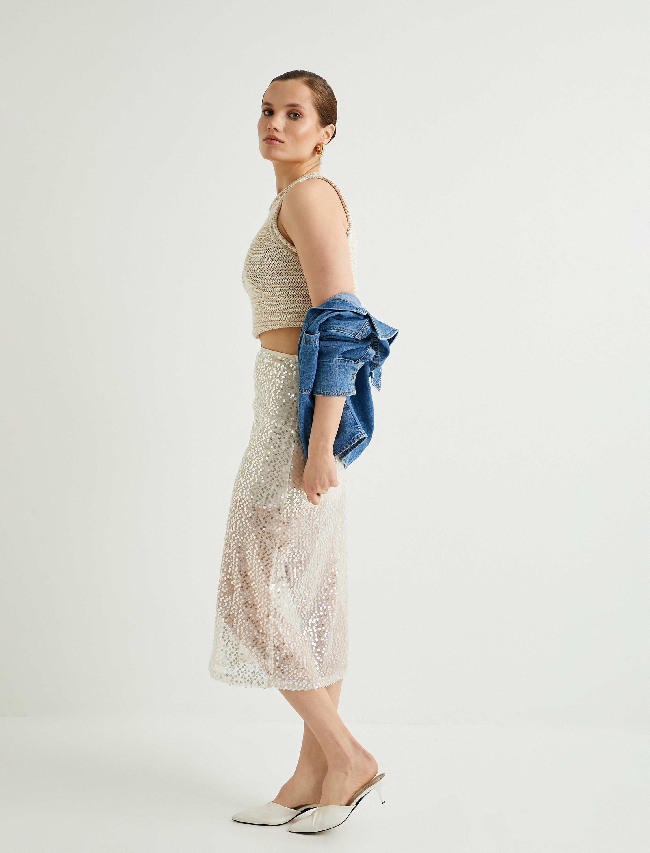   Payetli Midi Etek Normal Bel