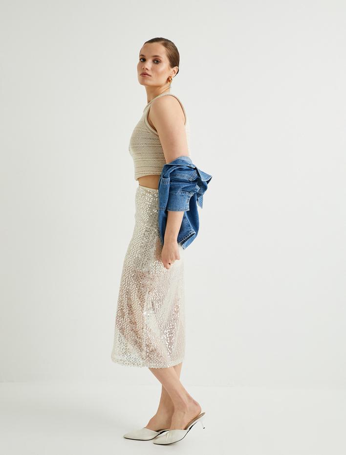  Payetli Midi Etek Normal Bel