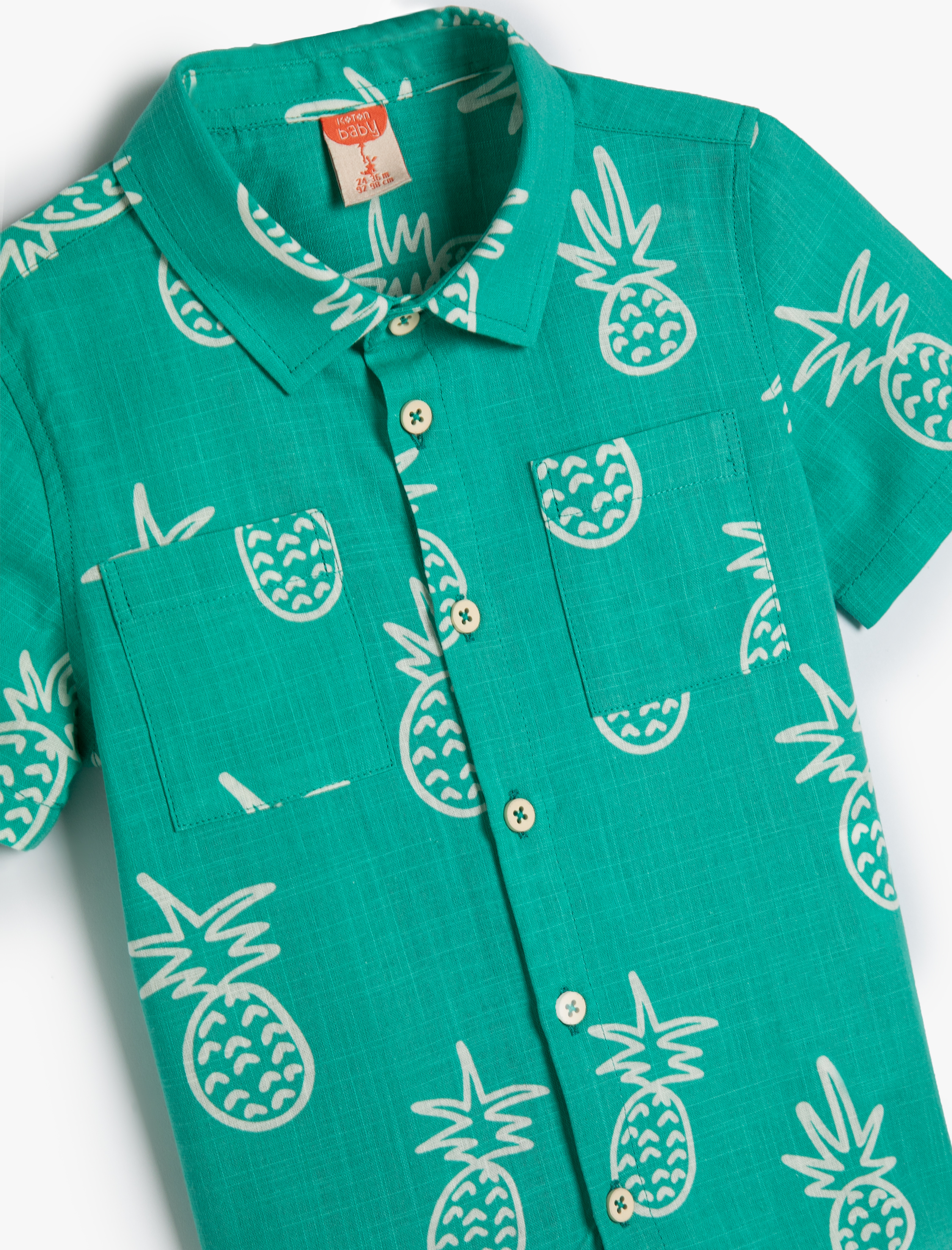  Erkek Bebek Gömlek Kısa Kollu Ananas Baskılı Cep Detaylı