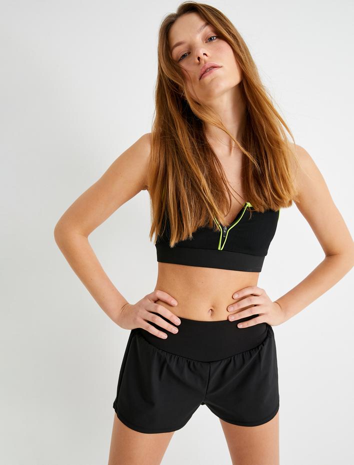  Fermuarlı Sporcu Sütyeni Kaplı Renk Kontrastlı Biyeli U Yaka Slim Fit