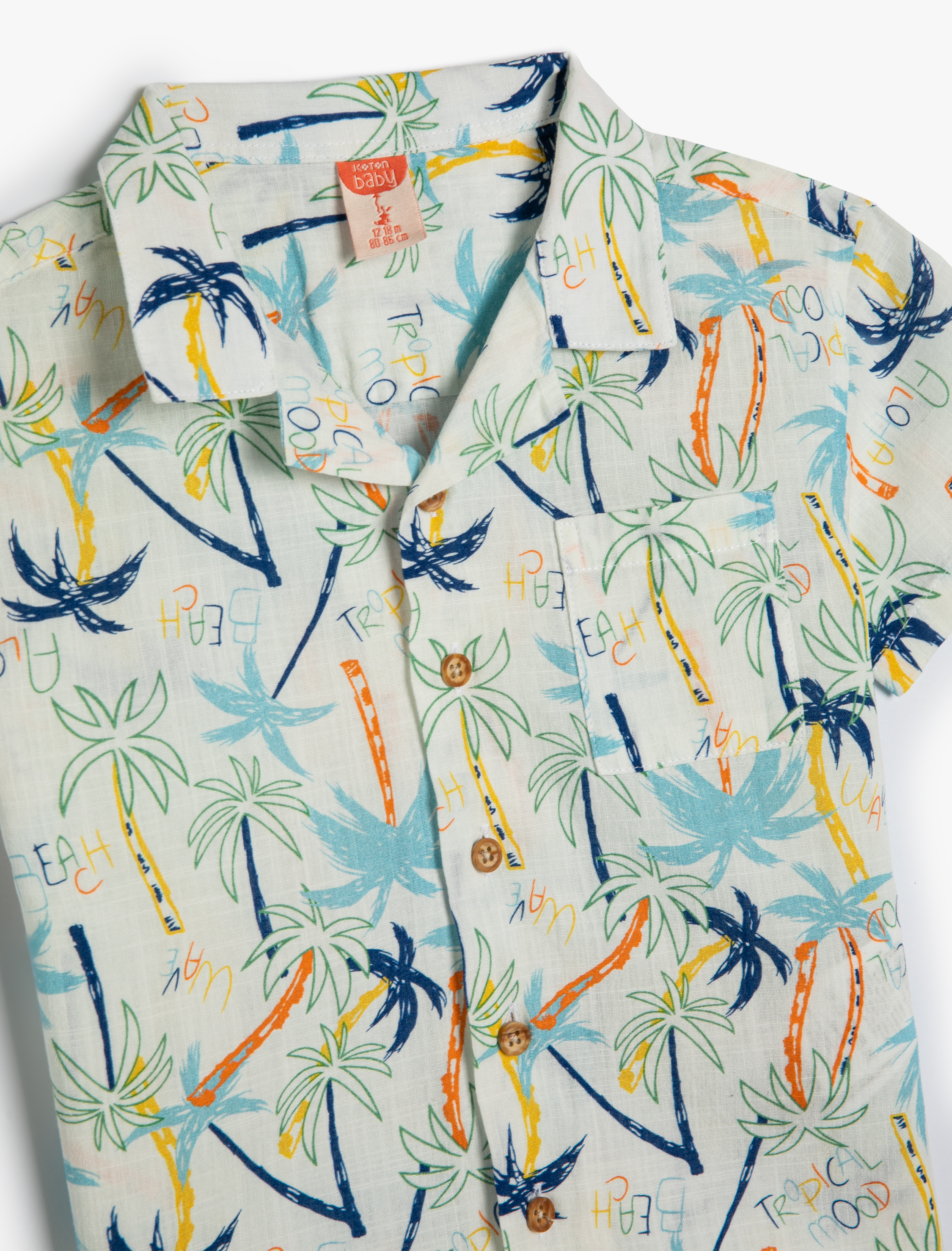  Erkek Bebek Gömlek Palmiye Baskılı Kısa Kollu Cep Detaylı