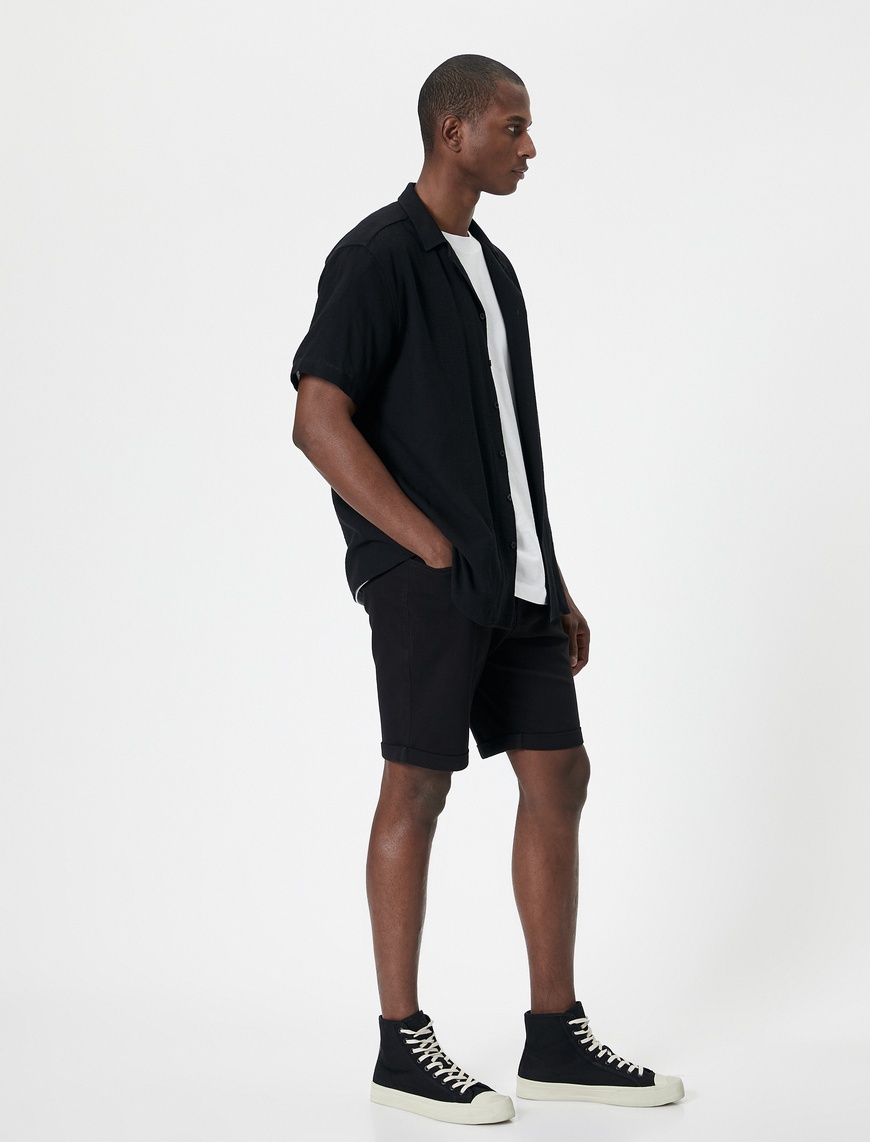   Kumaş Şort Slim Fit Chino Düğmeli Katlı Paça Cep Detaylı