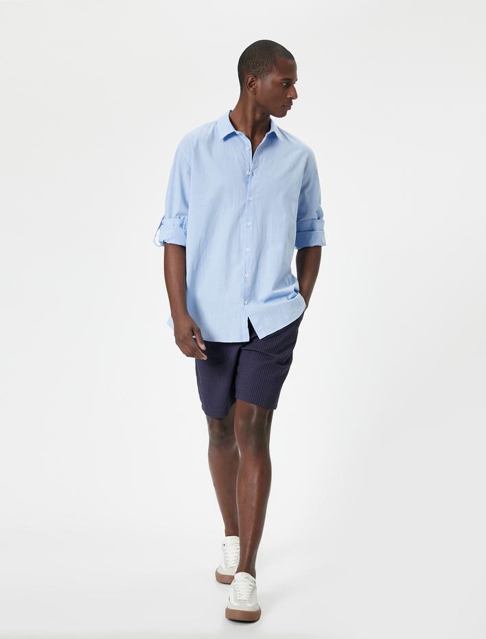  Keten Görünümlü Gömlek Kol Detaylı Düğmeli Uzun Kollu Regular Fit