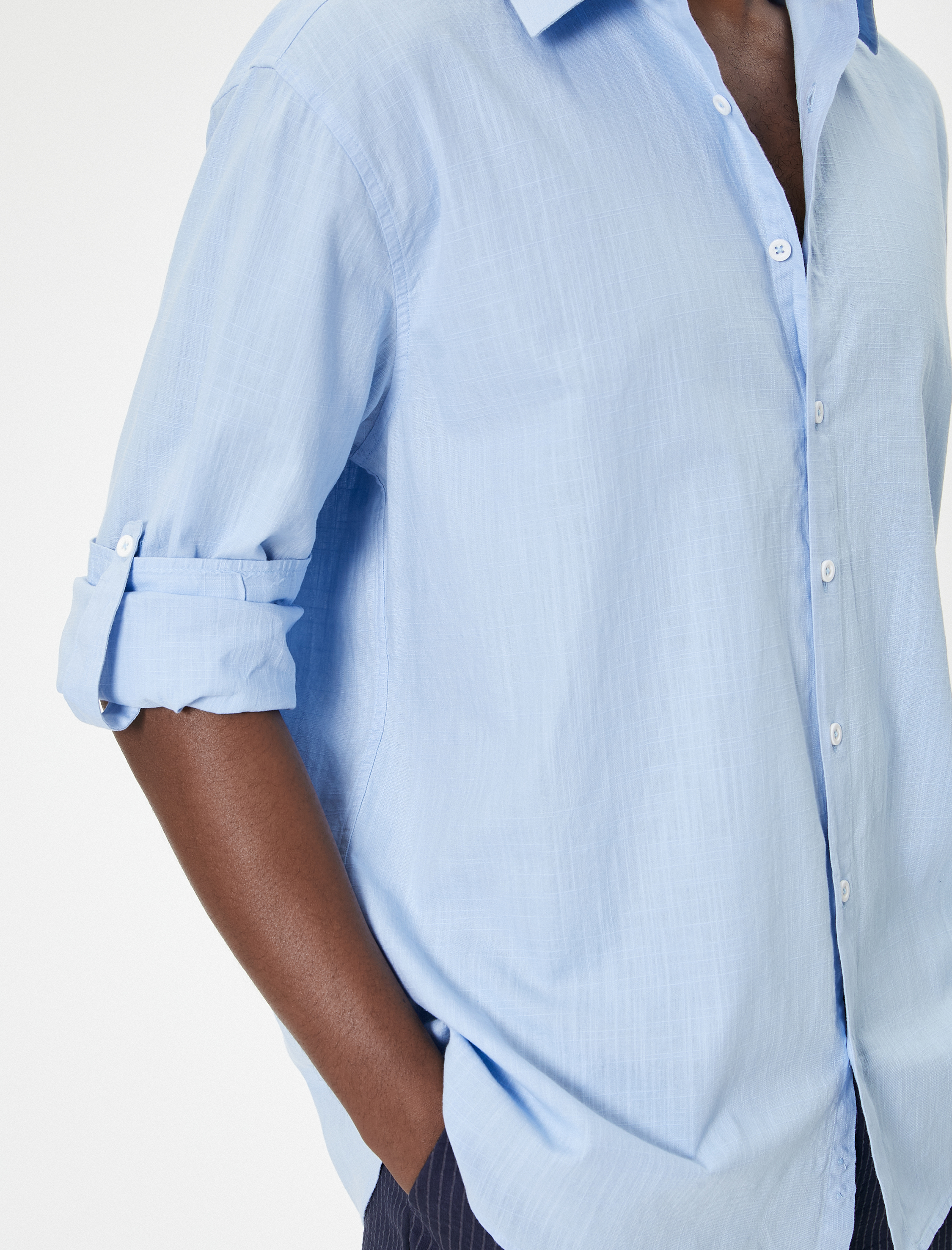   Keten Görünümlü Gömlek Kol Detaylı Düğmeli Uzun Kollu Regular Fit