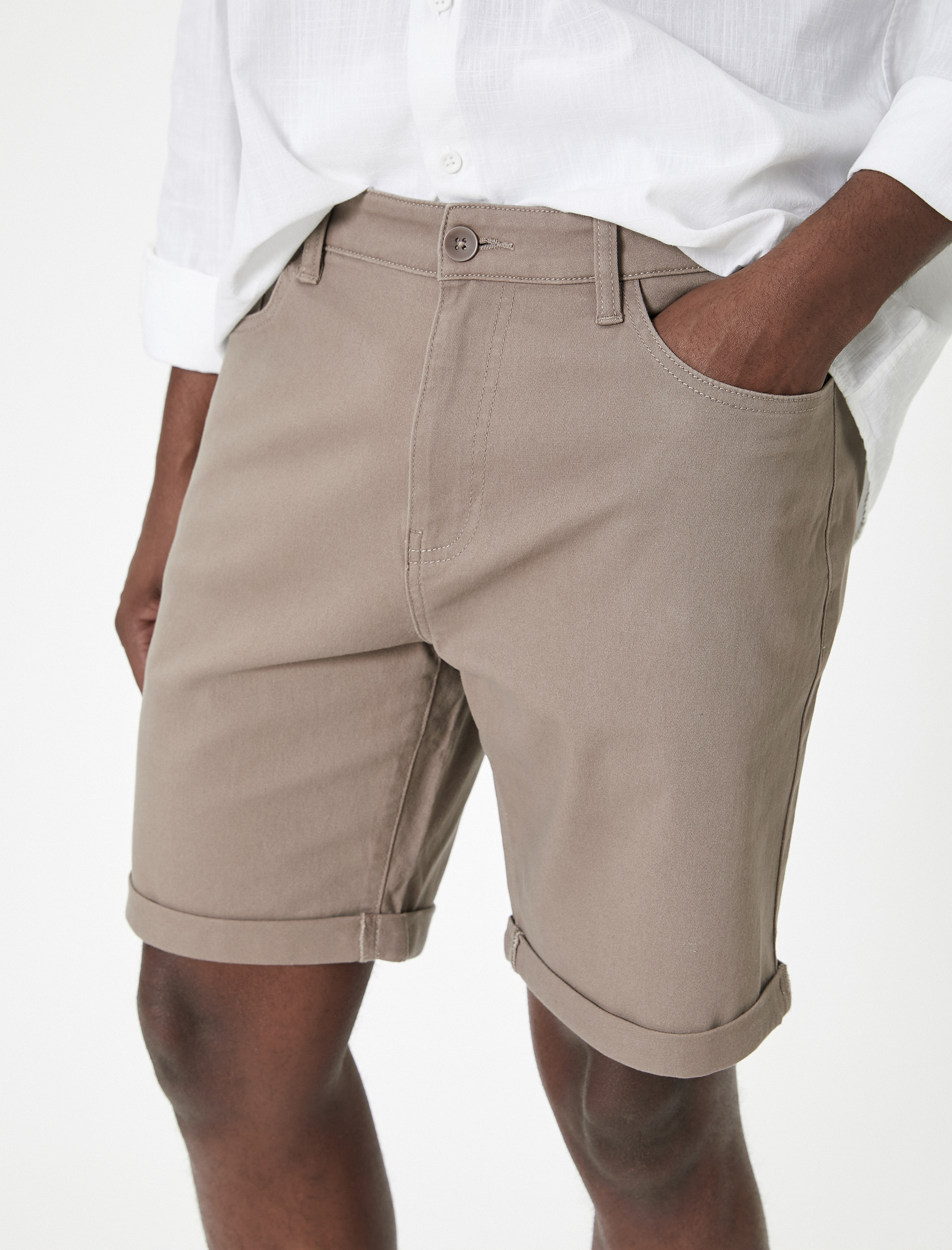   Kumaş Şort Slim Fit Chino Düğmeli Katlı Paça Cep Detaylı