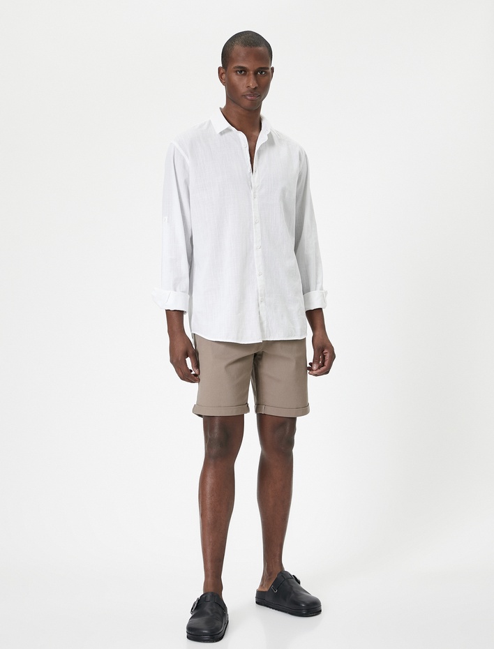  Kumaş Şort Slim Fit Chino Düğmeli Katlı Paça Cep Detaylı