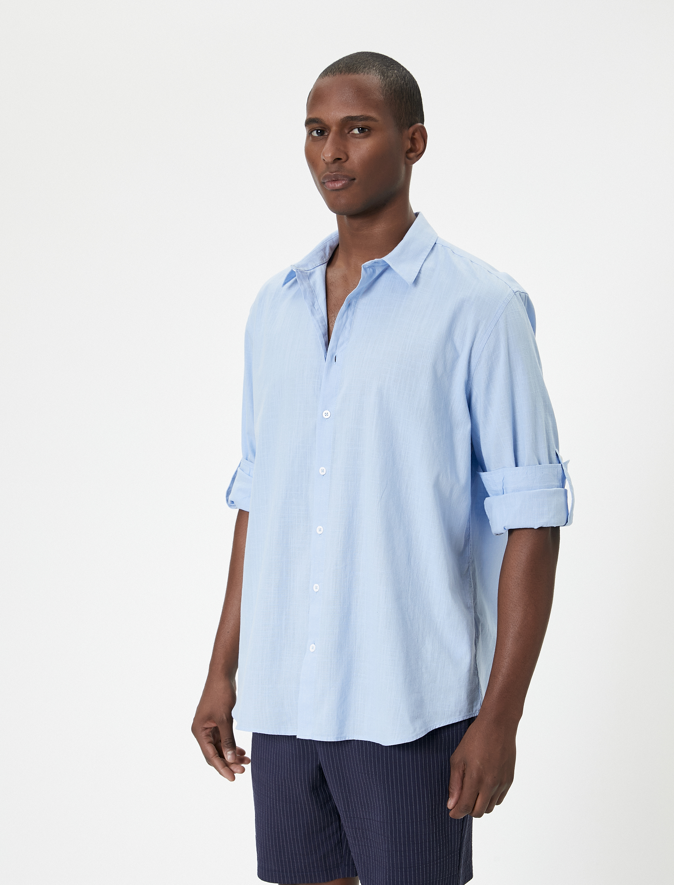   Keten Görünümlü Gömlek Kol Detaylı Düğmeli Uzun Kollu Regular Fit