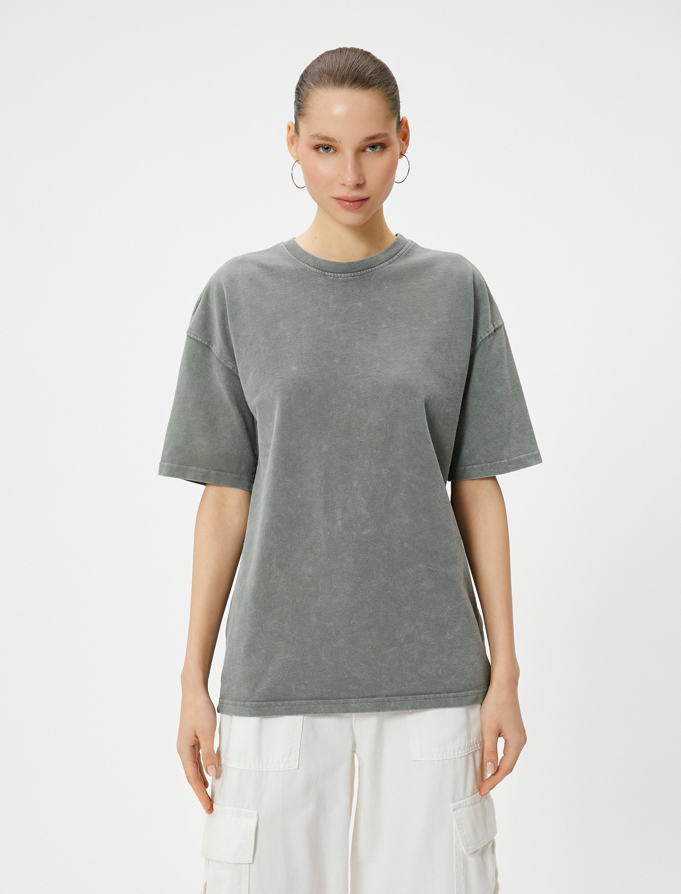   Basic Oversize Tişört Kısa Kollu Bisiklet Yaka Pamuklu