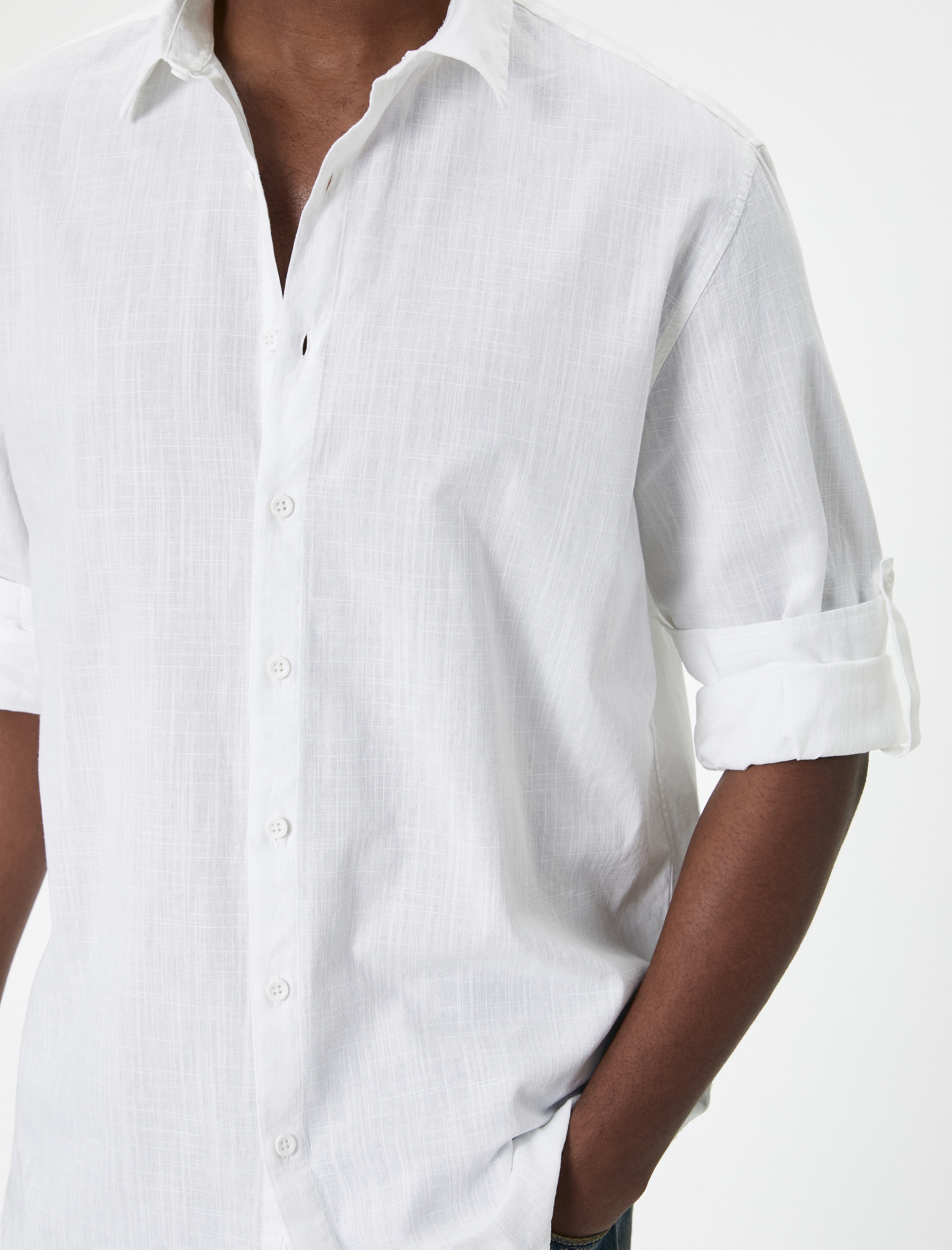   Keten Görünümlü Gömlek Kol Detaylı Düğmeli Uzun Kollu Regular Fit