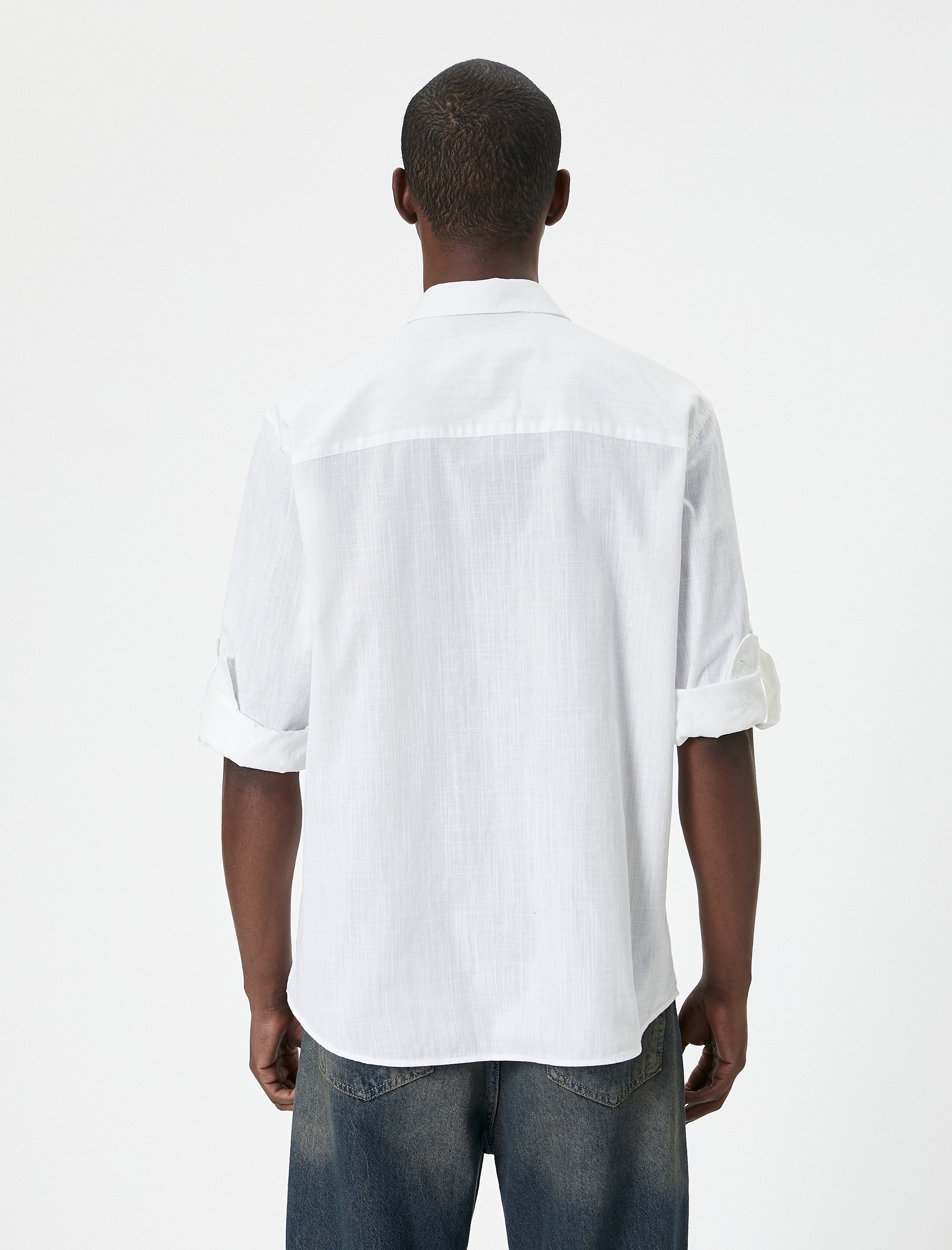   Keten Görünümlü Gömlek Kol Detaylı Düğmeli Uzun Kollu Regular Fit