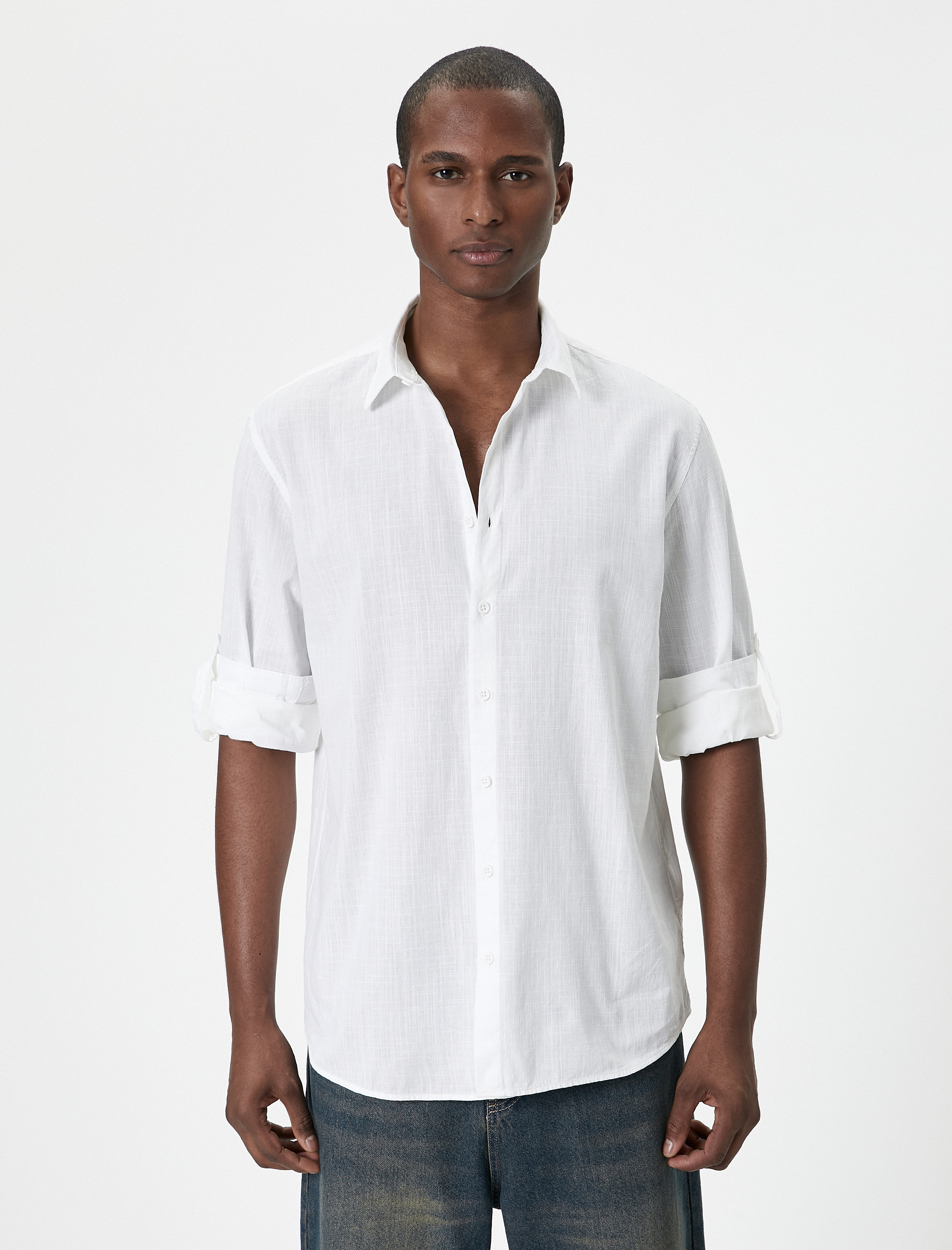   Keten Görünümlü Gömlek Kol Detaylı Düğmeli Uzun Kollu Regular Fit