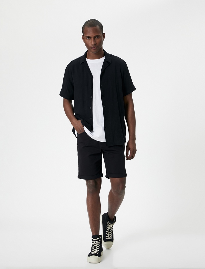  Kumaş Şort Slim Fit Chino Düğmeli Katlı Paça Cep Detaylı