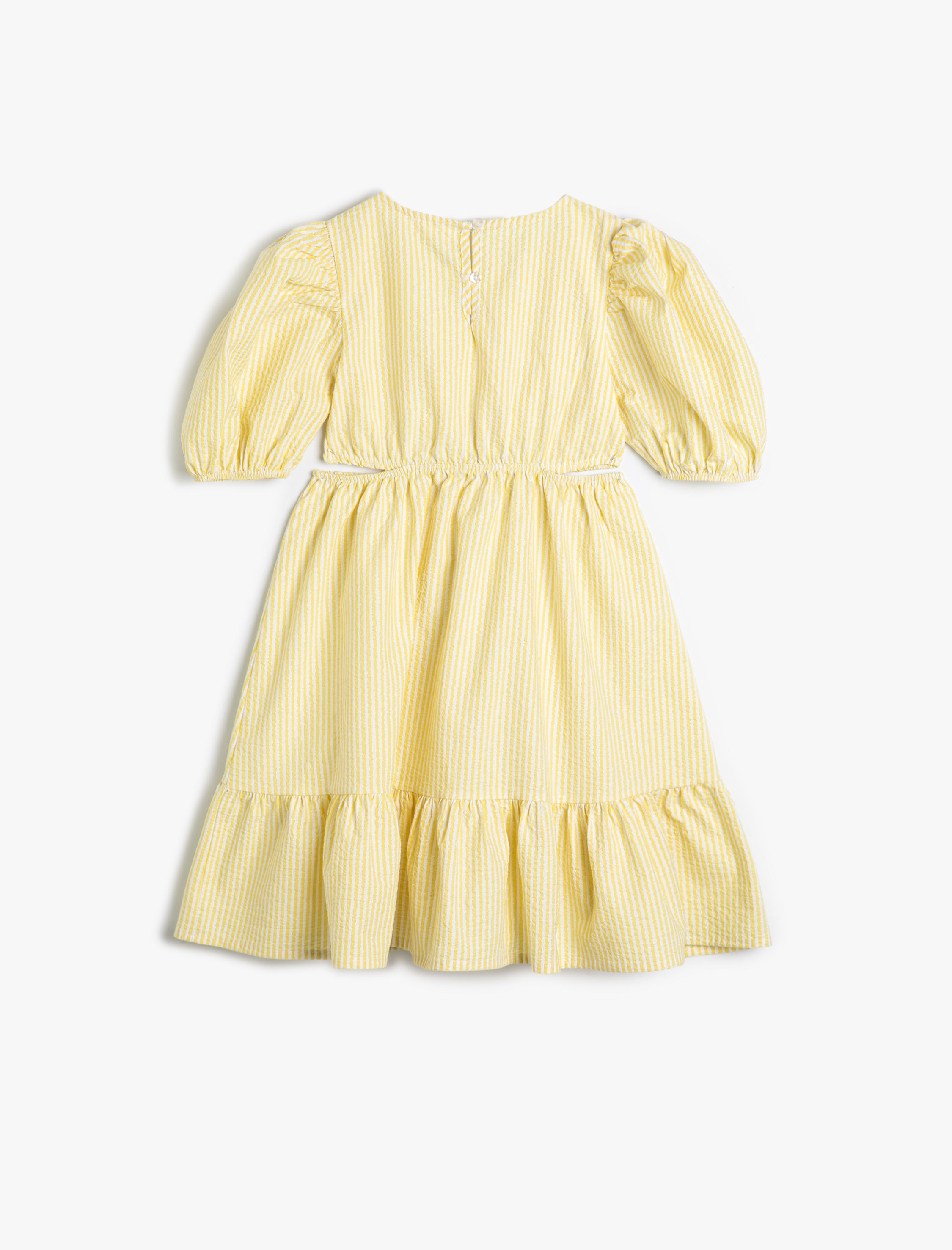  Kız Çocuk Elbise Pencere Detaylı Balon Kollu Yuvarlak Yaka Fırfırlı