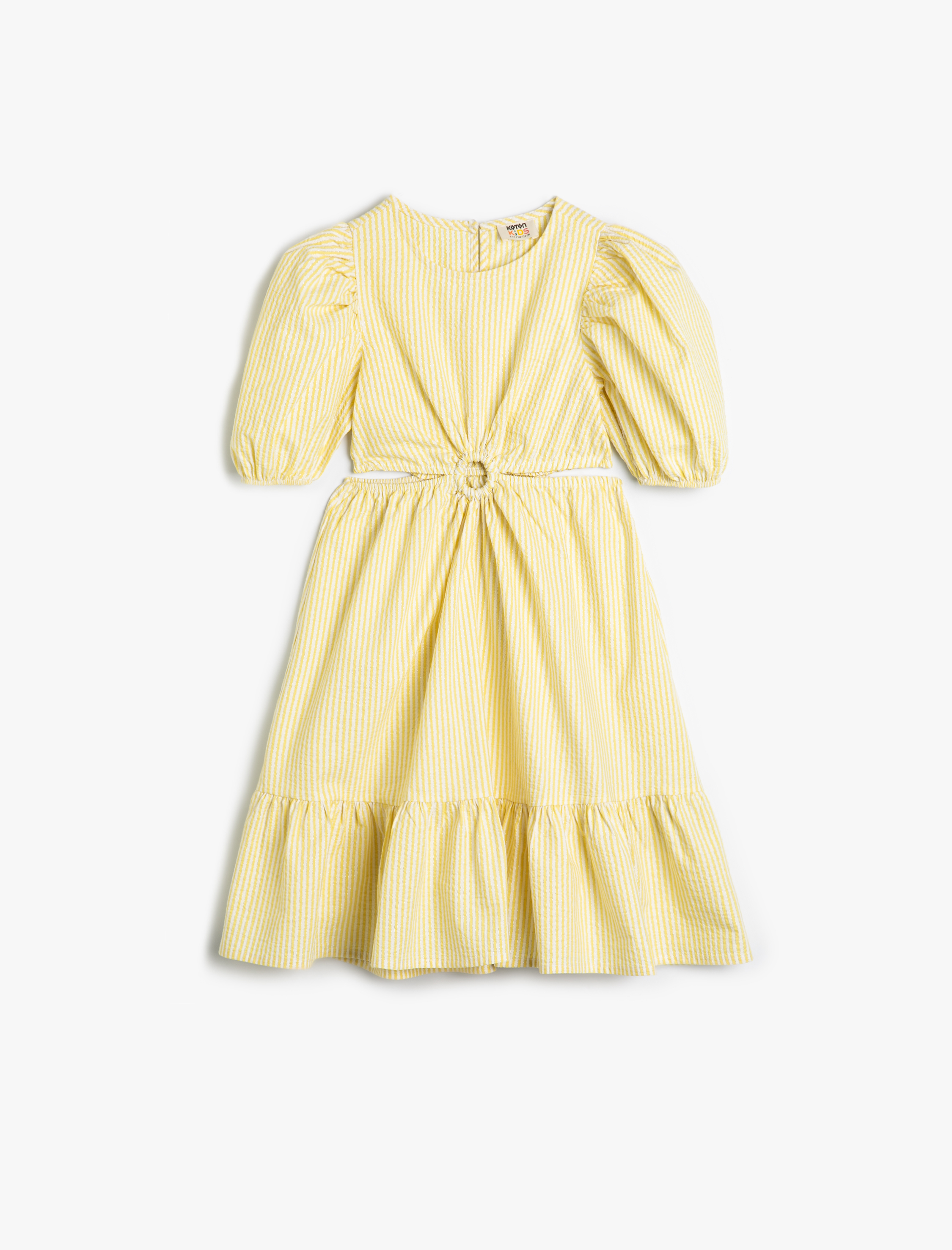  Kız Çocuk Elbise Pencere Detaylı Balon Kollu Yuvarlak Yaka Fırfırlı