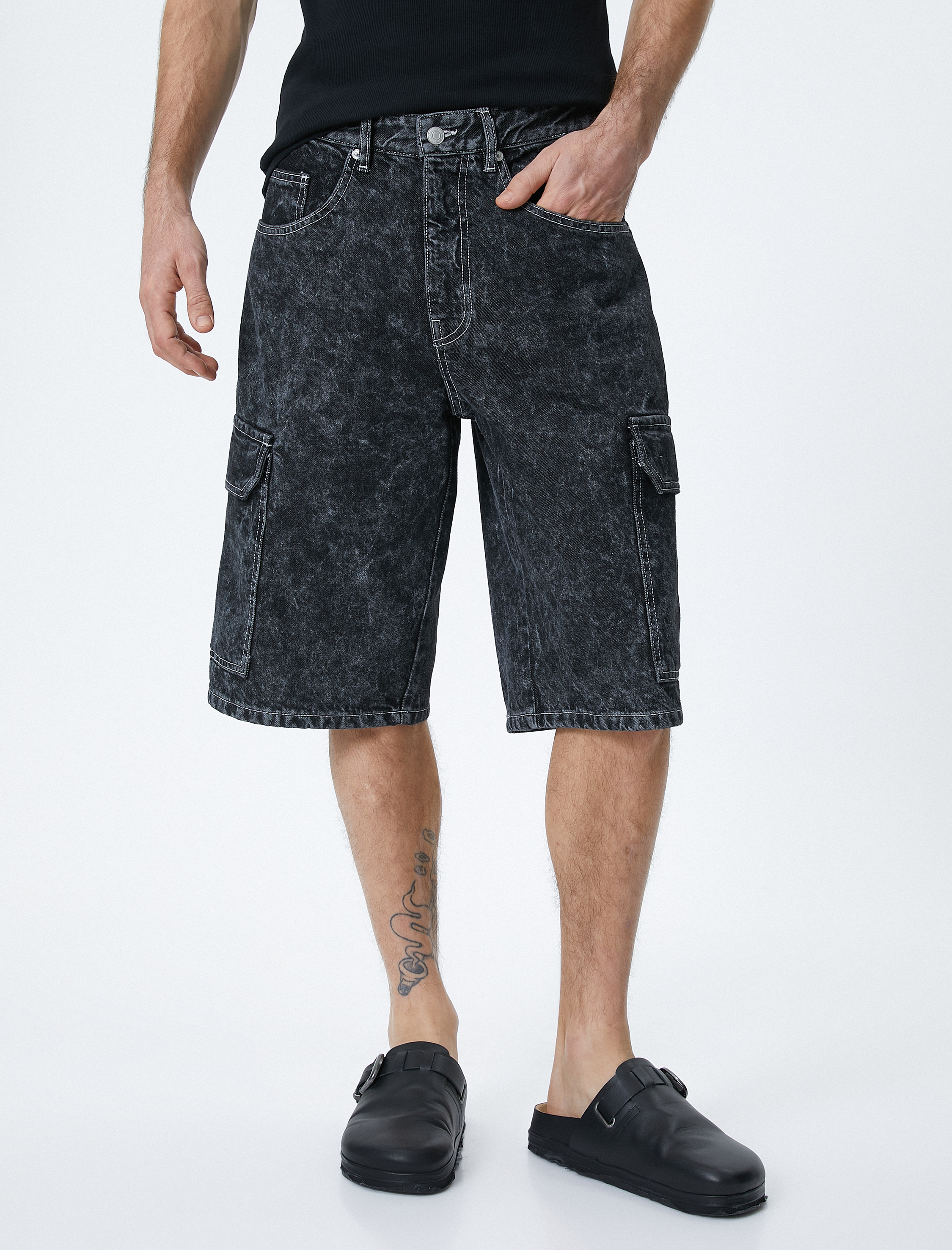 Oversize Kot Şort Düğmeli Kargo Cep Detaylı Yıkamalı