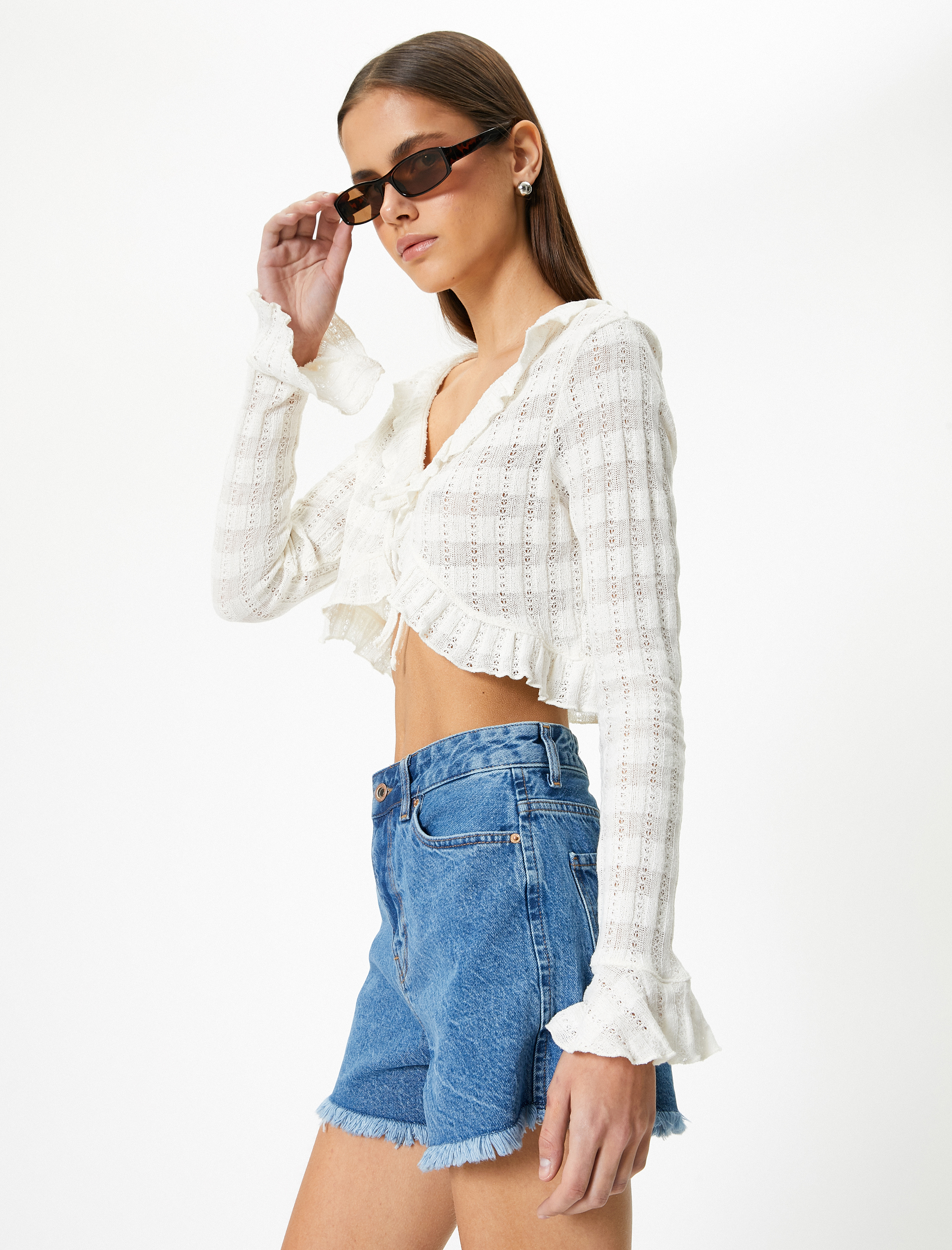   Kot Şort Yüksek Bel Cepli Paçası Püsküllü Pamuklu