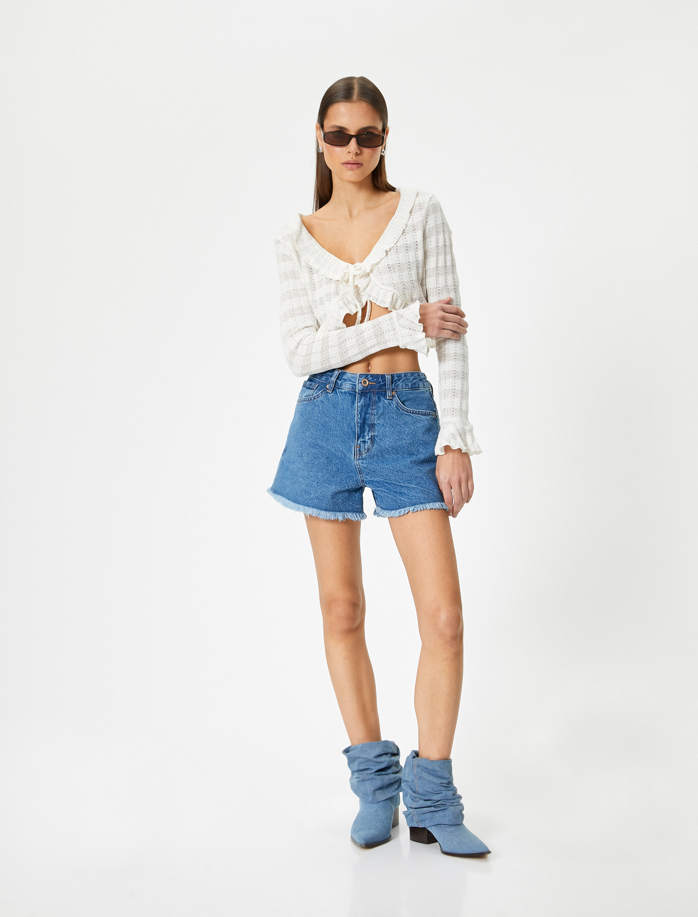   Kot Şort Yüksek Bel Cepli Paçası Püsküllü Pamuklu