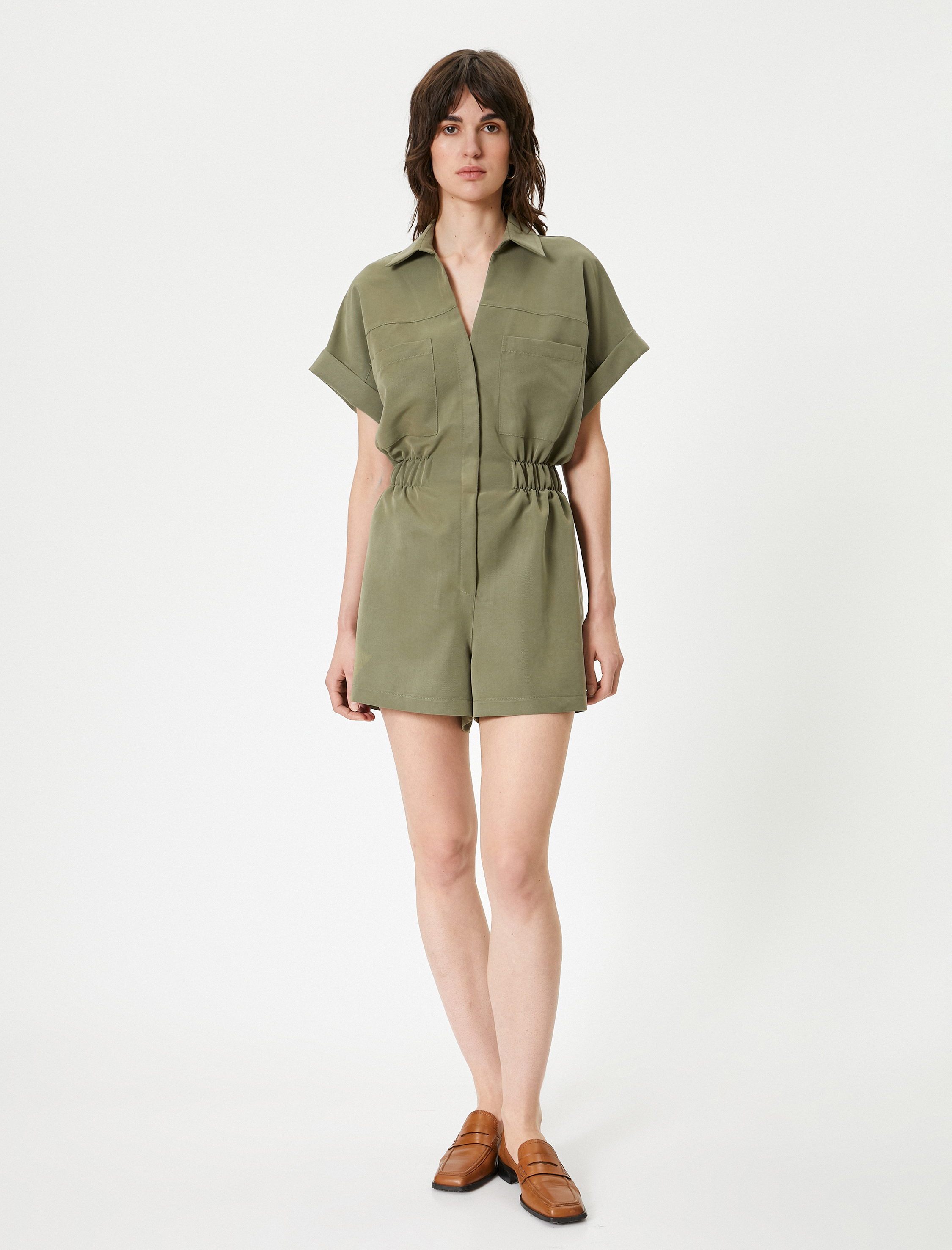   Oversize Şort Tulum Gipeli Cep Detaylı Kısa Kollu