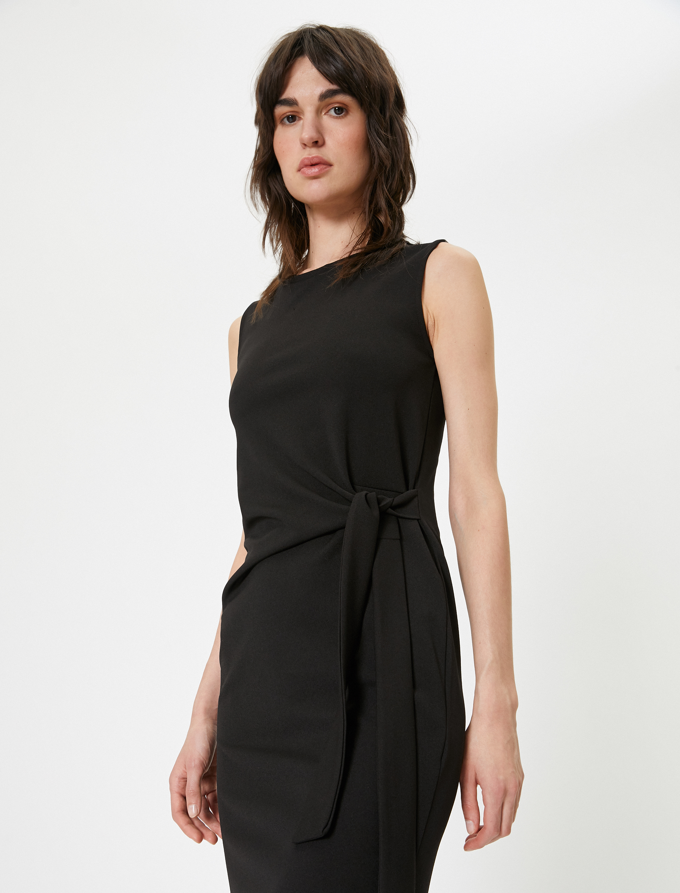   Midi Elbise Kolsuz Bisiklet Yaka Kuşak Detaylı Fiyonk Detaylı