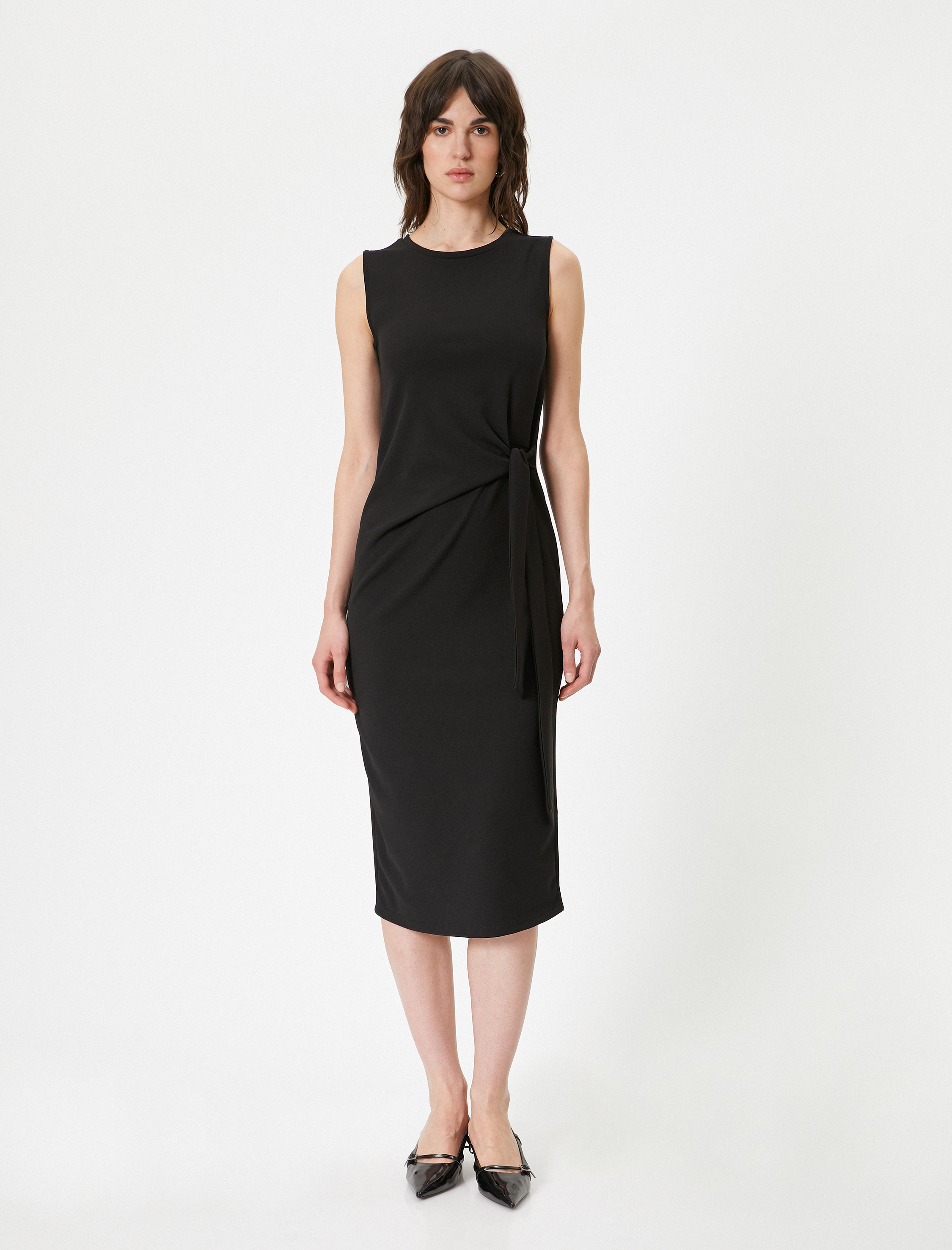   Midi Elbise Kolsuz Bisiklet Yaka Kuşak Detaylı Fiyonk Detaylı