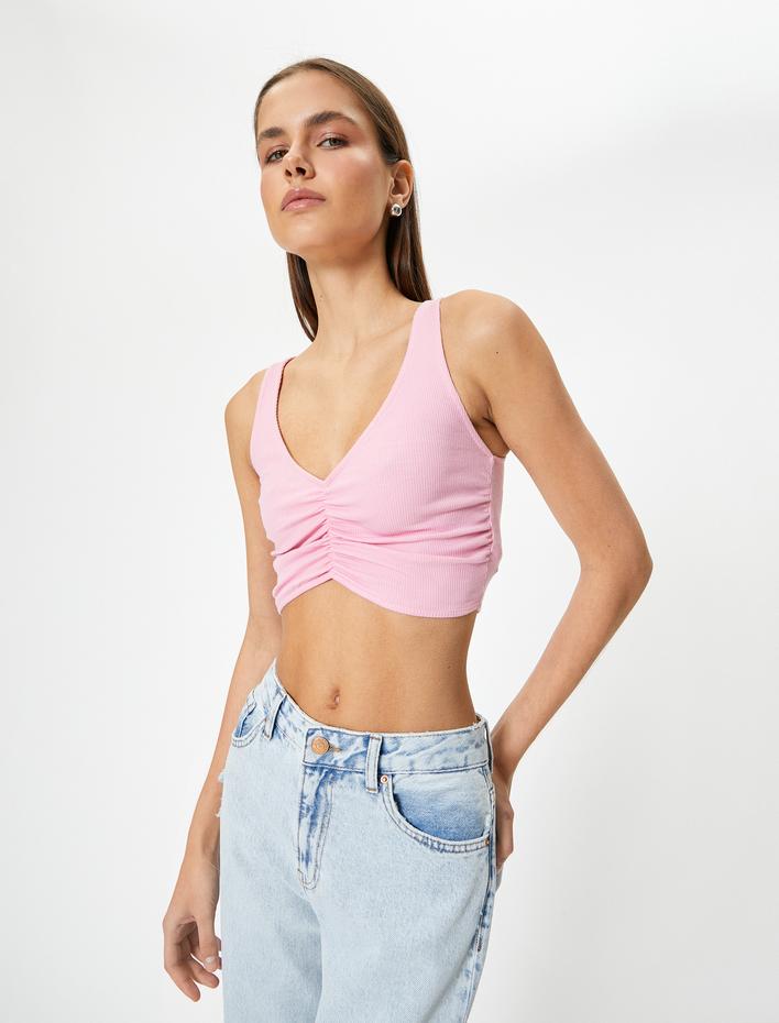  Drapeli V Yaka Crop Büstiyer Kolsuz Slim Fit