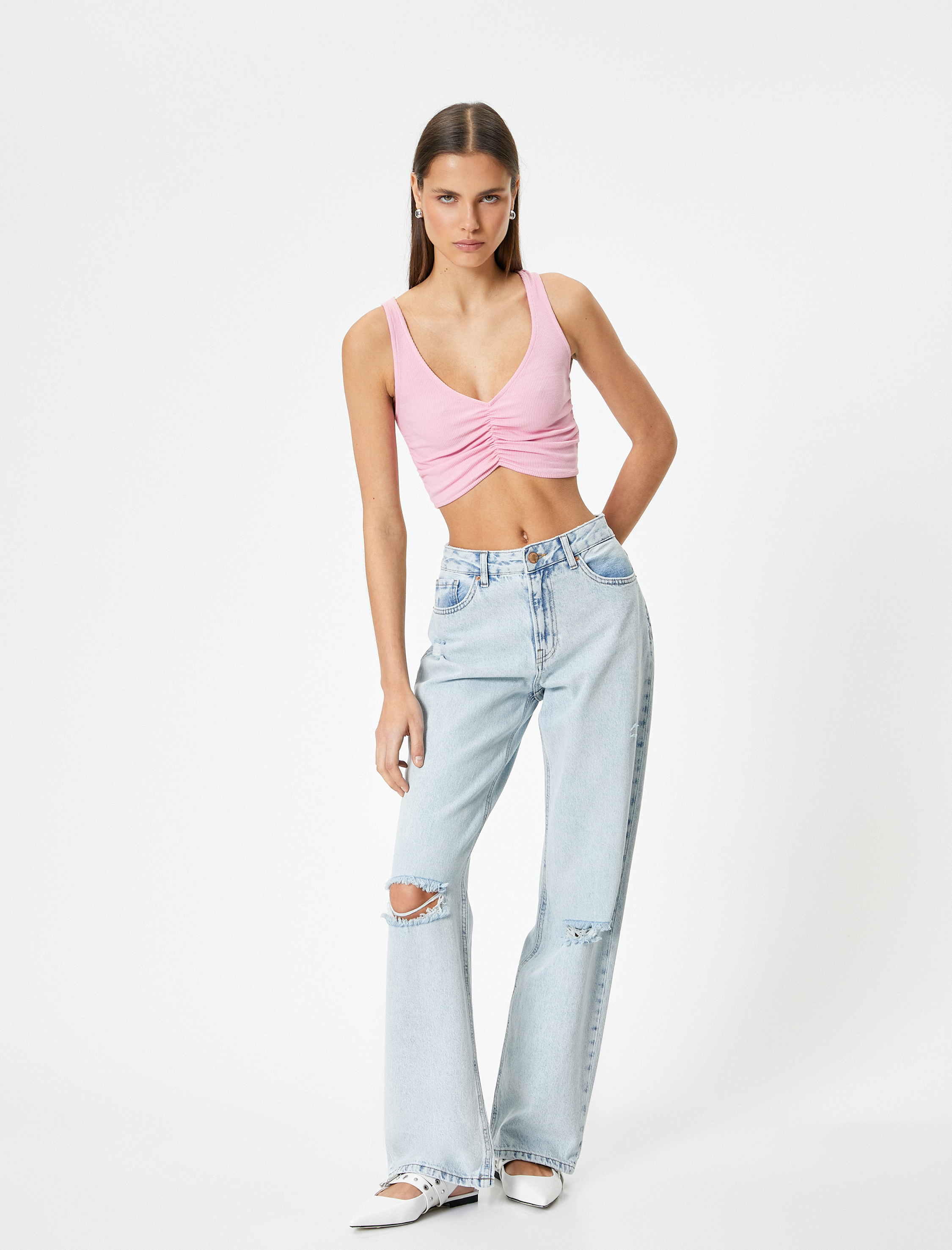 Drapeli V Yaka Crop Büstiyer Kolsuz Slim Fit