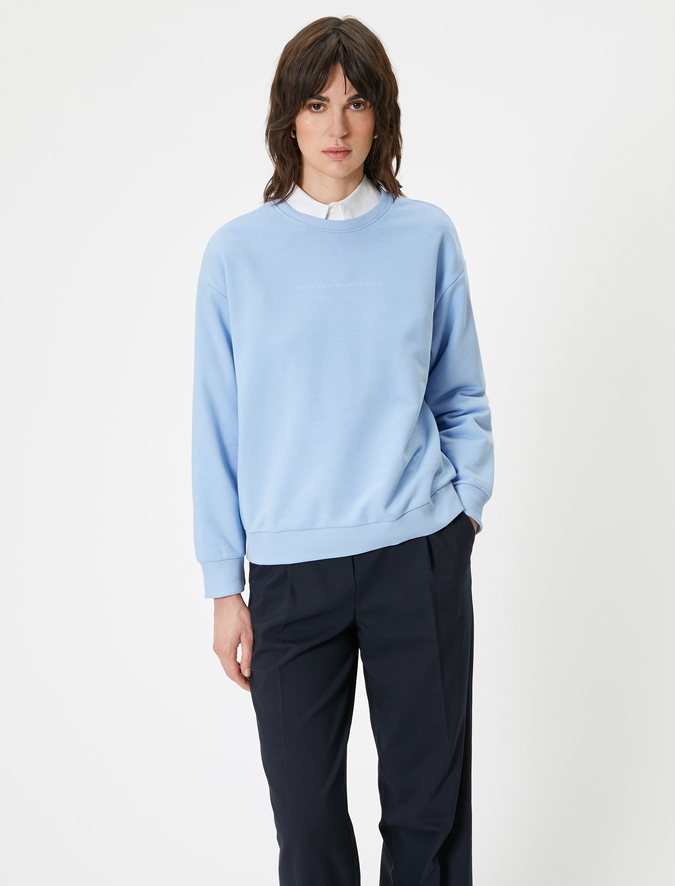 Oversize Sweatshirt Bisiklet Yaka Baskı Detaylı Üç İplik Şardonlu