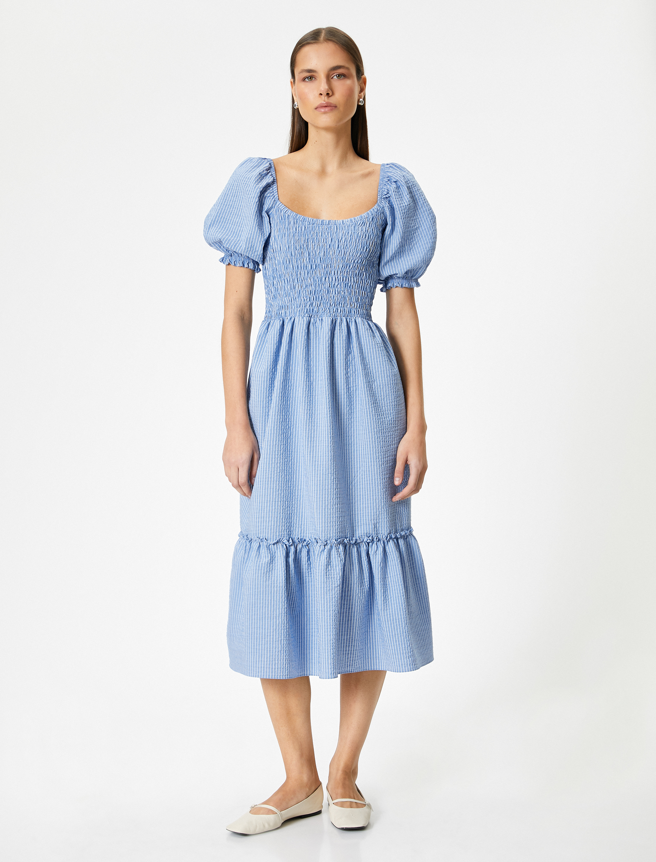   Balon Kollu Elbise Midi Boy Gipeli U Yaka