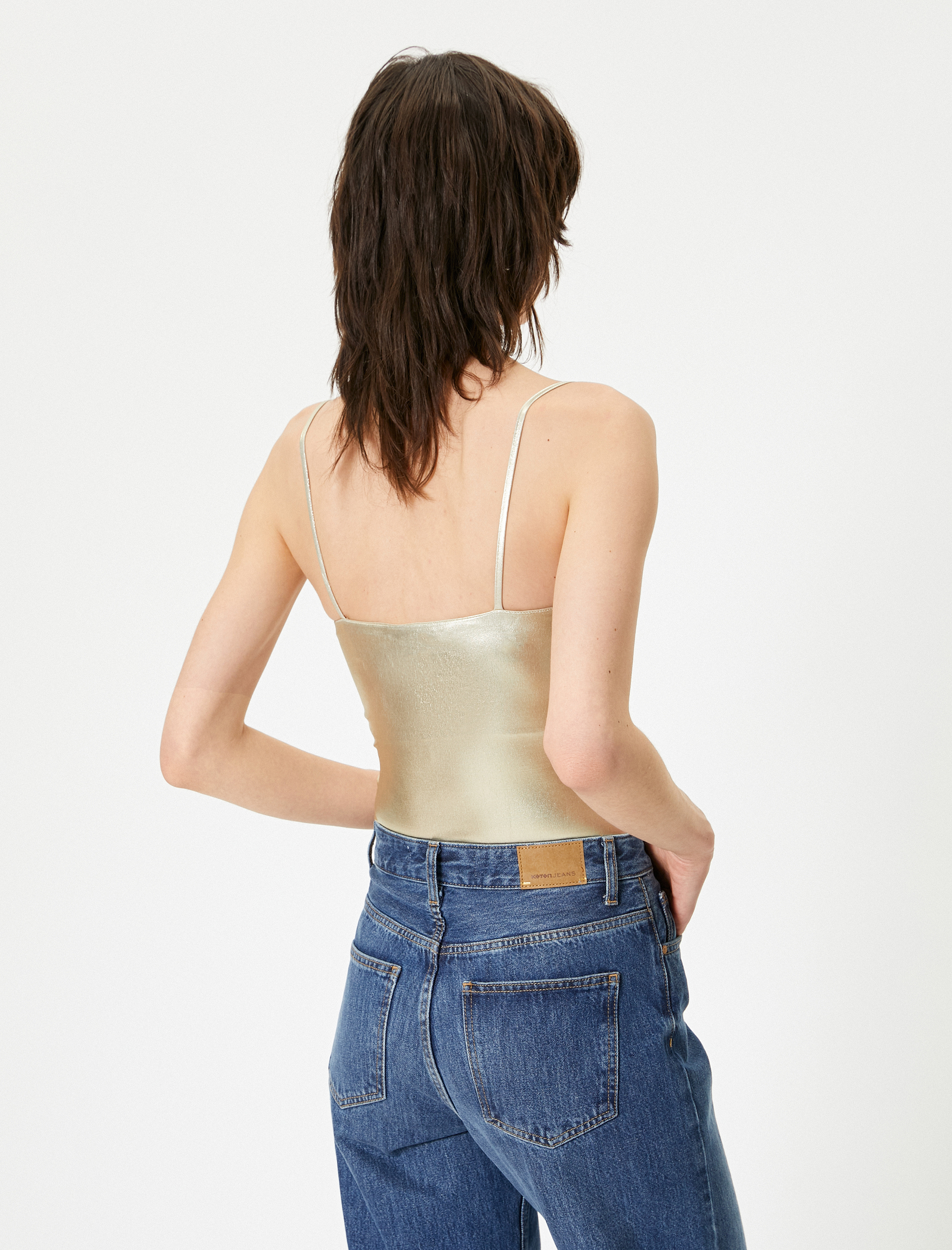   Metalik Parlak Bodysuit İnce Askılı Slim Fit