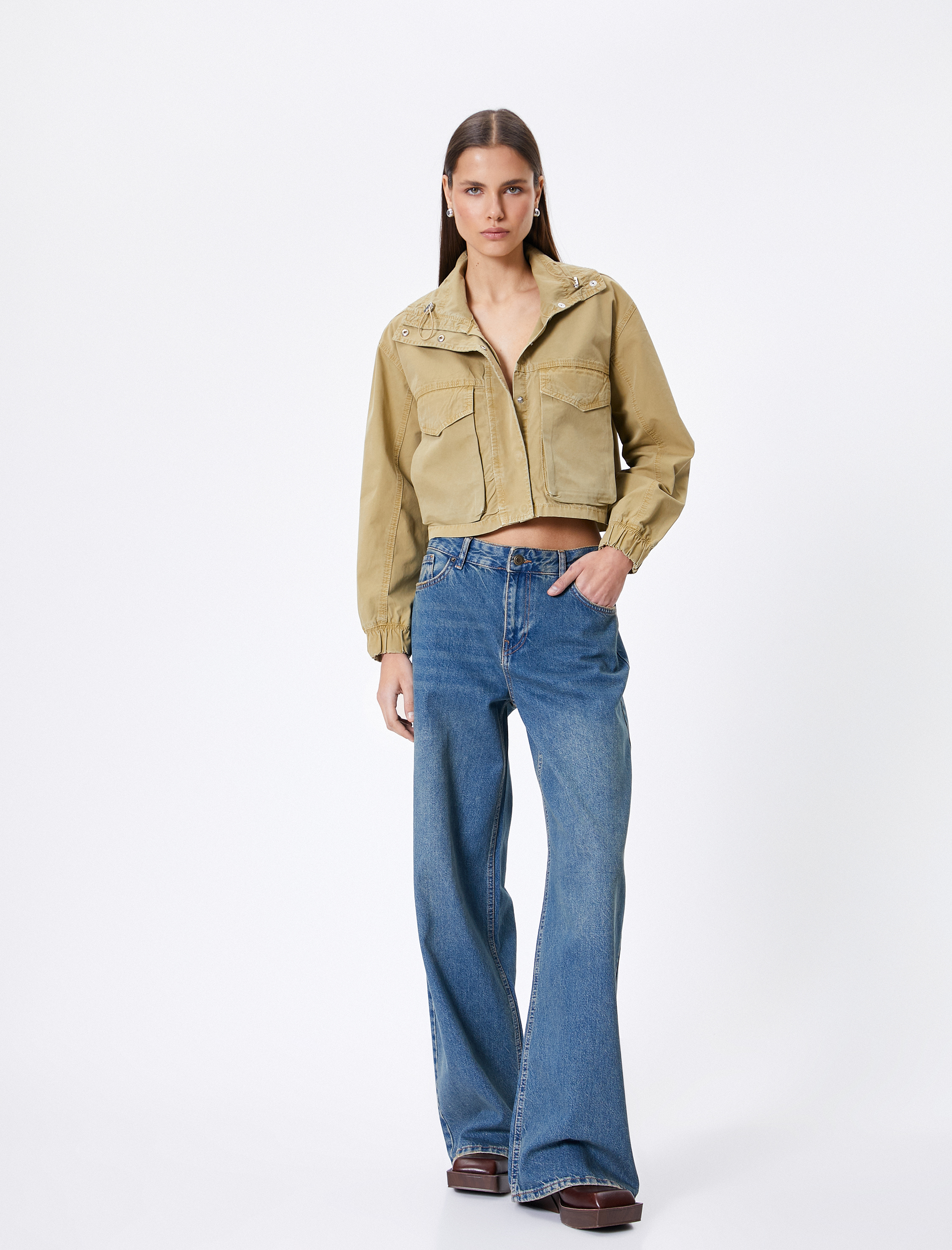   Oversize Kısa Ceket Kapaklı Cep Detaylı Dik Yaka