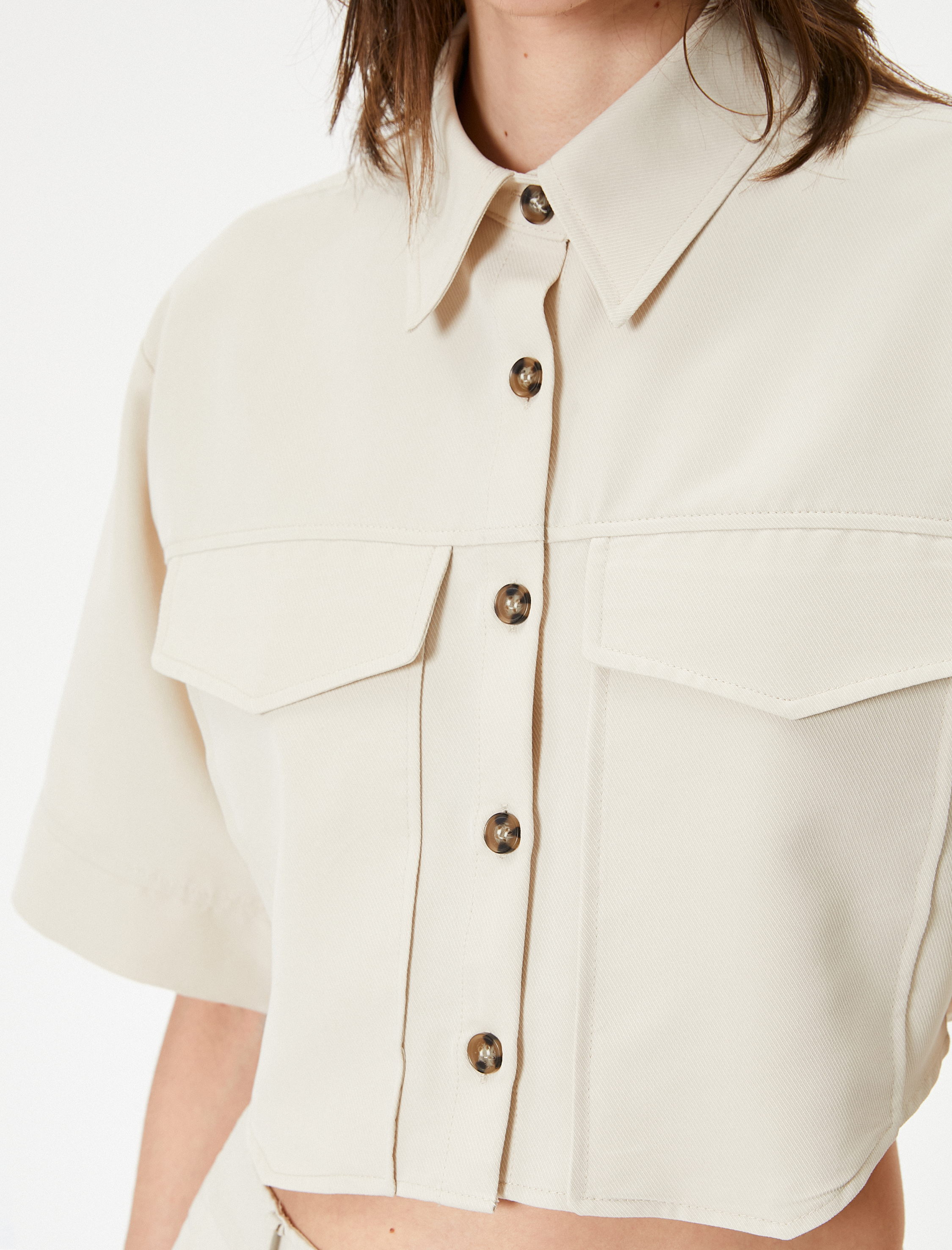   Crop Gömlek Cepli Kısa Kollu Modal Karışımlı