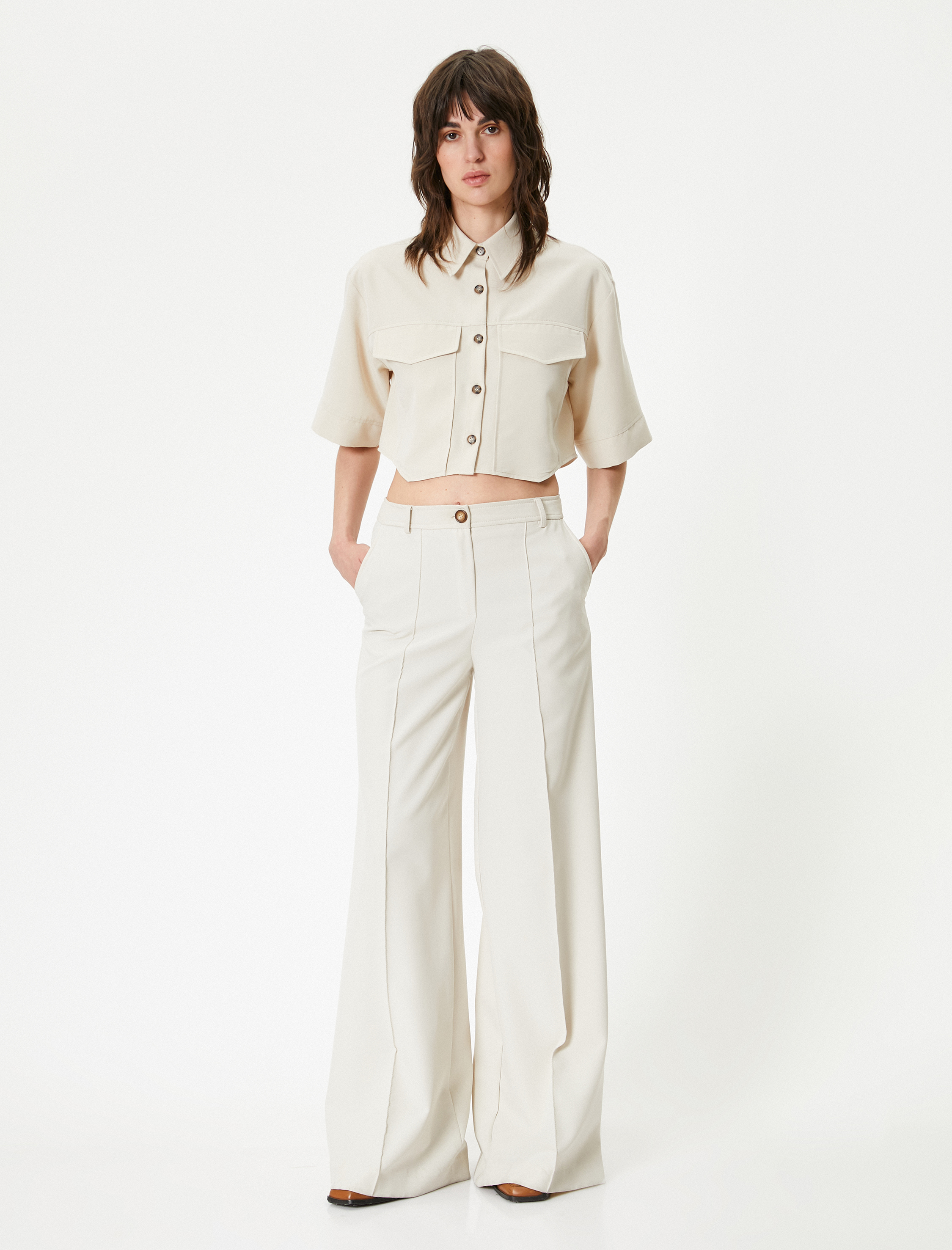   Crop Gömlek Cepli Kısa Kollu Modal Karışımlı