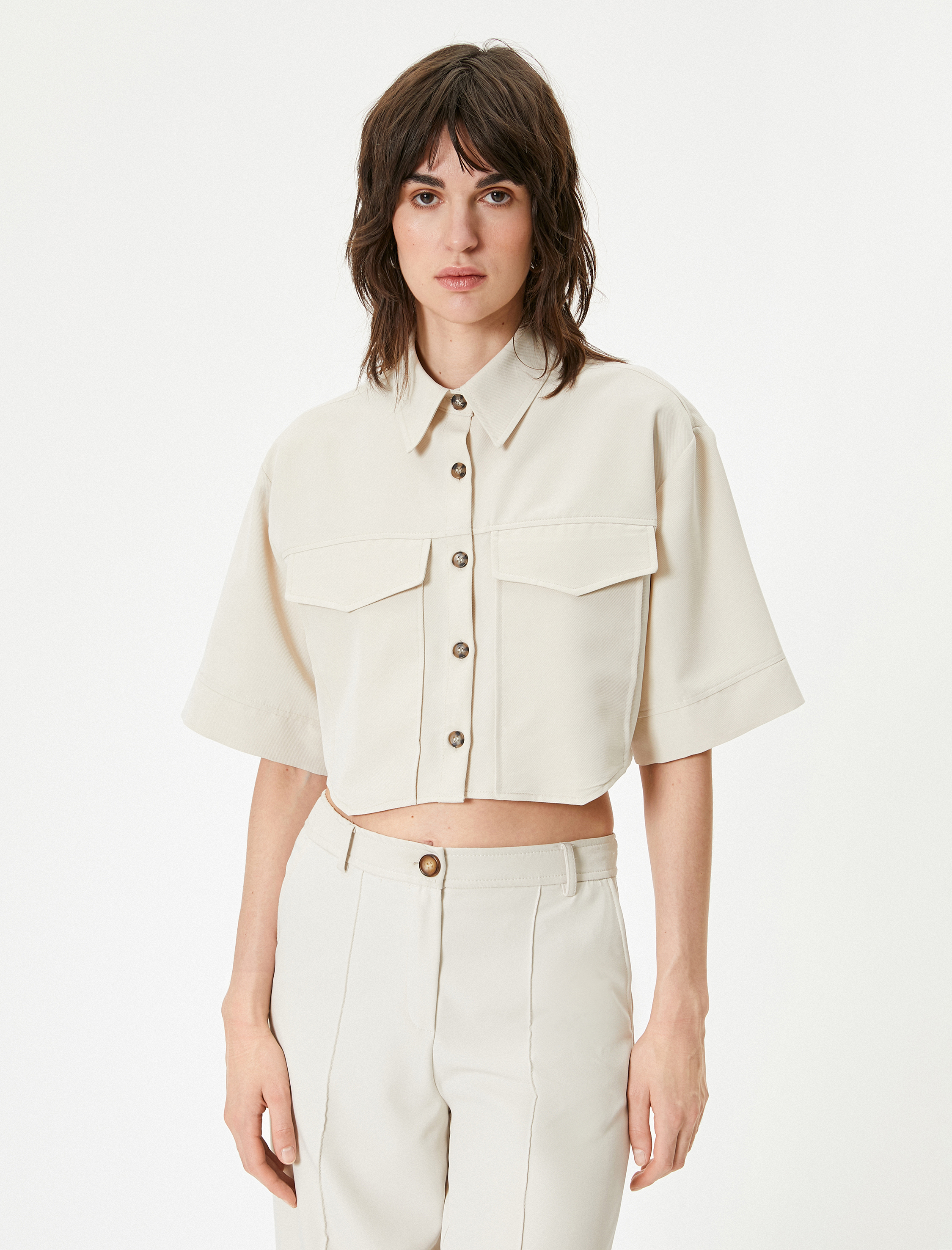   Crop Gömlek Cepli Kısa Kollu Modal Karışımlı