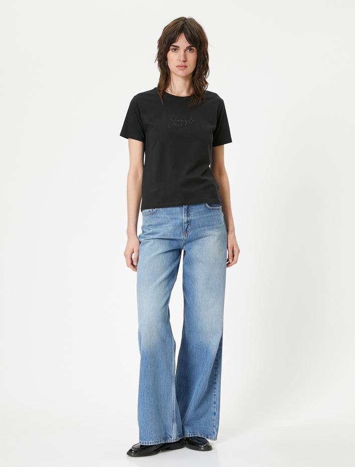  Tişört Slogan Baskılı Bisiklet Yaka Kısa Kollu Pamuklu