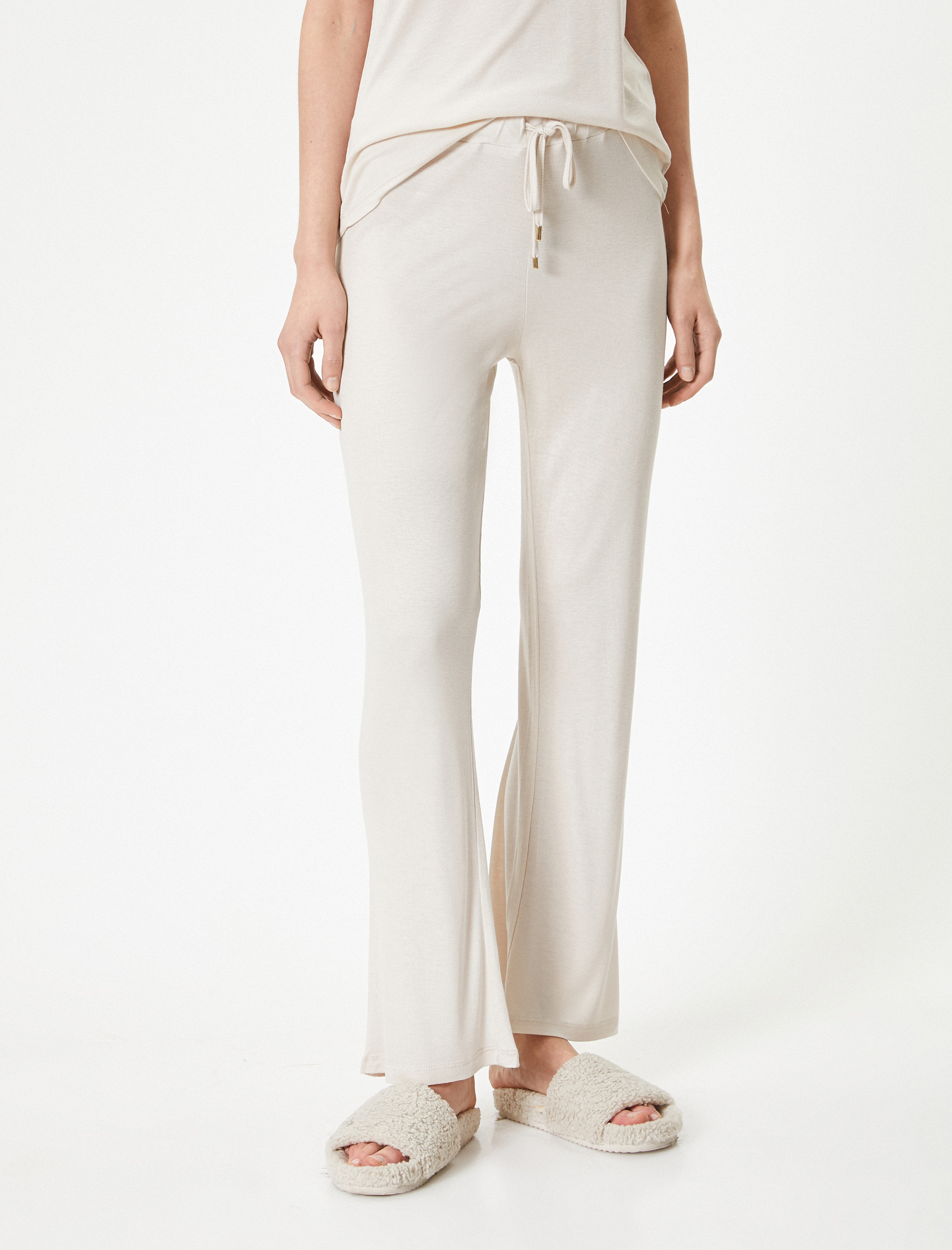   Düz Paça Pijama Altı Beli Bağcıklı Viskoz Karışımlı