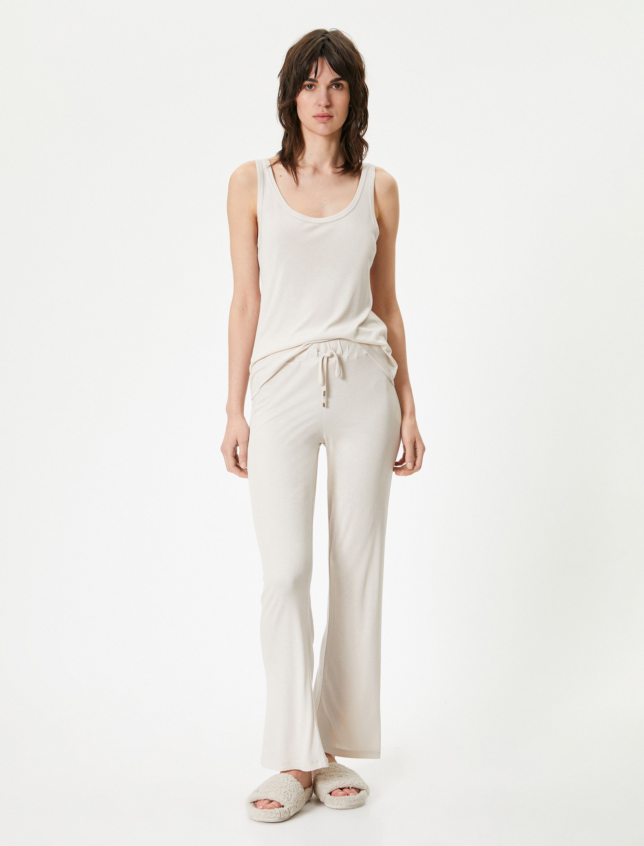   Düz Paça Pijama Altı Beli Bağcıklı Viskoz Karışımlı