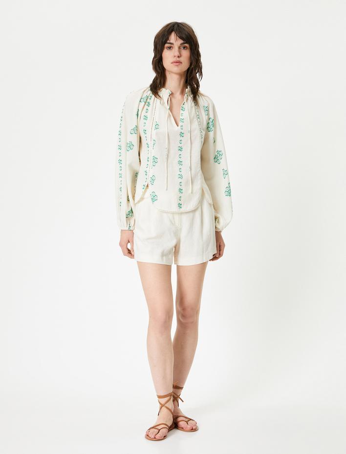  Oversize Gömlek Balon Kollu İşlemeli Pamuklu