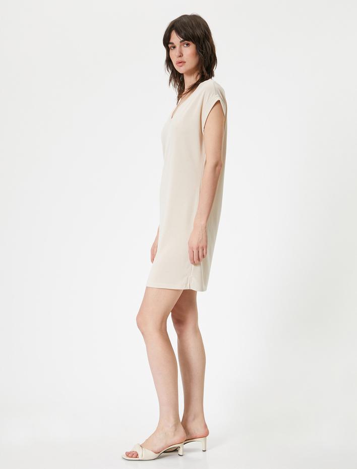  Mini Elbise Kısa Kollu V Yaka